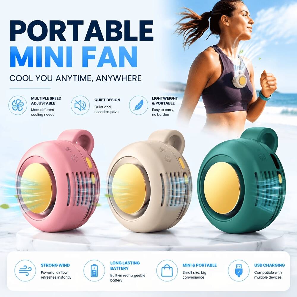 PORTABLE MINI FAN  
COOL YOU ANYTIME, ANYWHERE  

- MULTIPLE SPEED ADJUSTABLE  
  Meet different cooling needs  

- QUIET DESIGN  
  Quiet and non-disruptive  

- LIGHTWEIGHT & PORTABLE  
  Easy to carry, no burden  

- STRONG WIND  
  Powerful airflow refreshes instantly  

- LONG LASTING BATTERY  
  Built-in rechargeable battery  

- MINI & PORTABLE  
  Small size, big convenience  

- USB CHARGING  
  Compatible with multiple devices