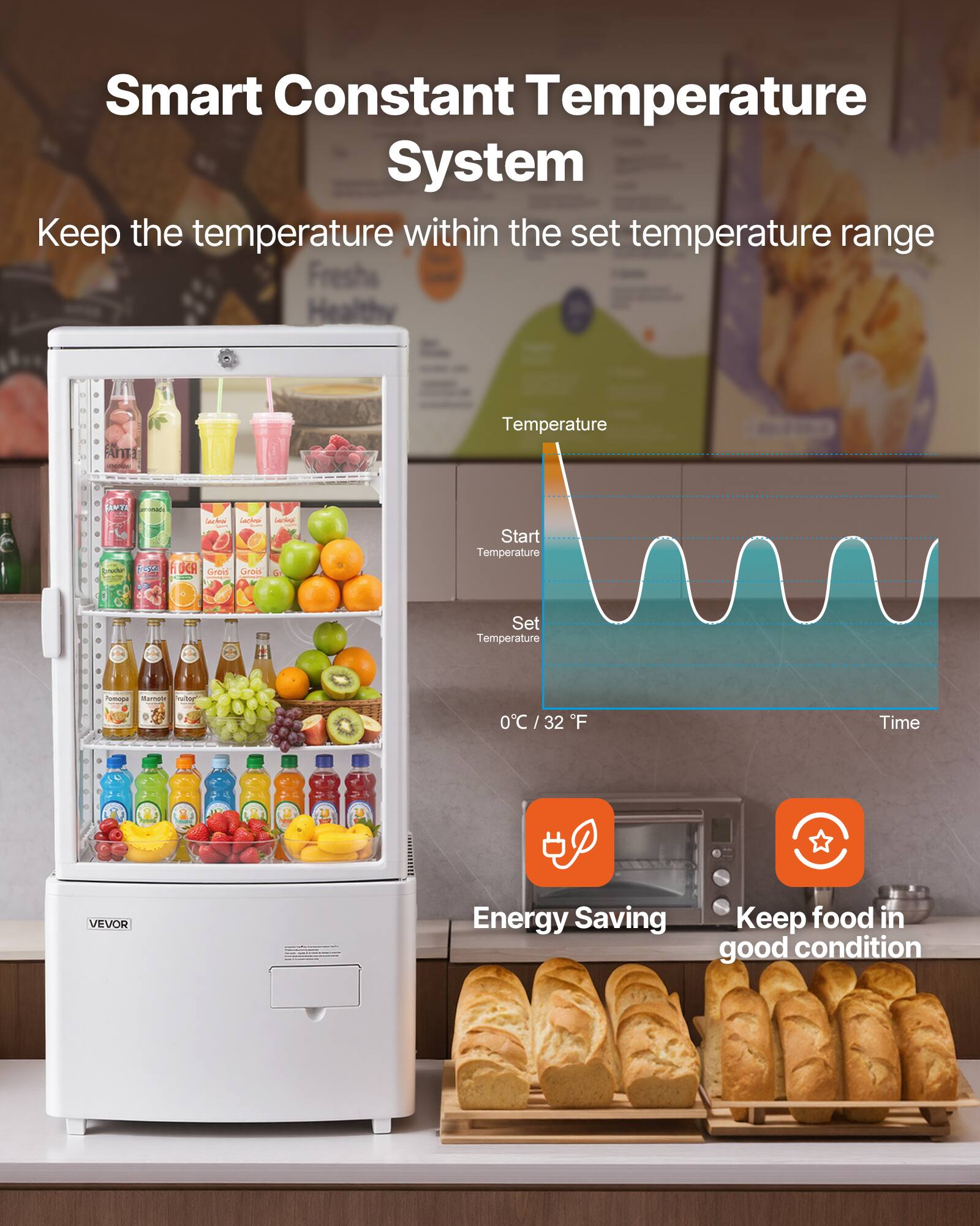 Smart Constant Temperature System  
Keep the temperature within the set temperature range  

Temperature  
Start Temperature  
Set Temperature  
0°C / 32°F  

Energy Saving  
Keep food in good condition