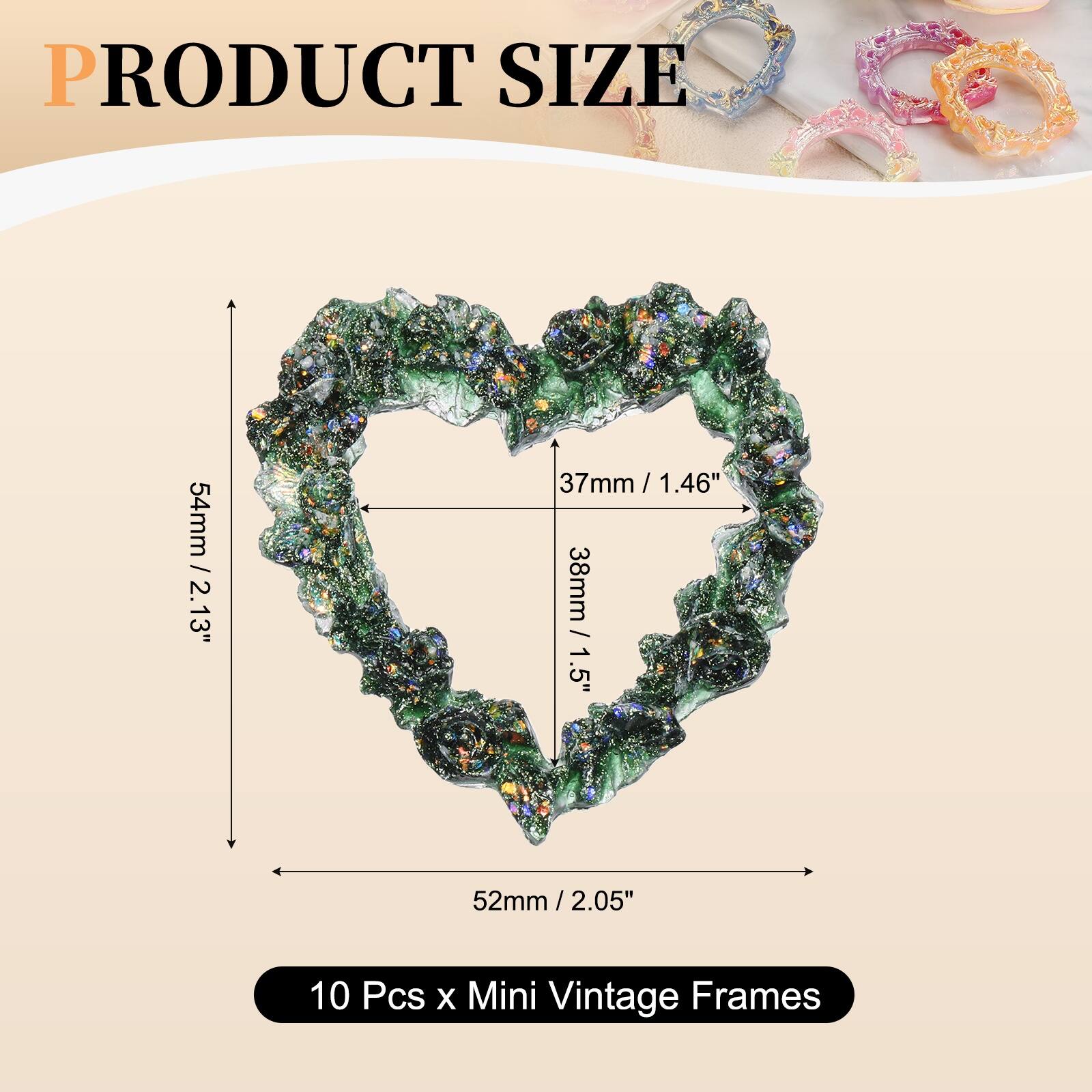 PRODUCT SIZE

54mm / 2.13"  
37mm / 1.46"  
38mm / 1.5"  
52mm / 2.05"  

10 Pcs x Mini Vintage Frames
