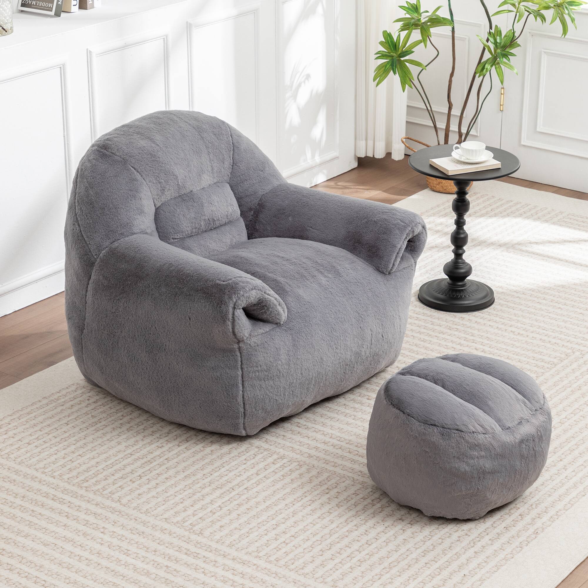 Alt View 2. GOODSILO - Comfy Bean Bag Chair with Back Support & Footstool | Soft Faux Fur Floor Sofa for Adults & Kids - Dark Gray.