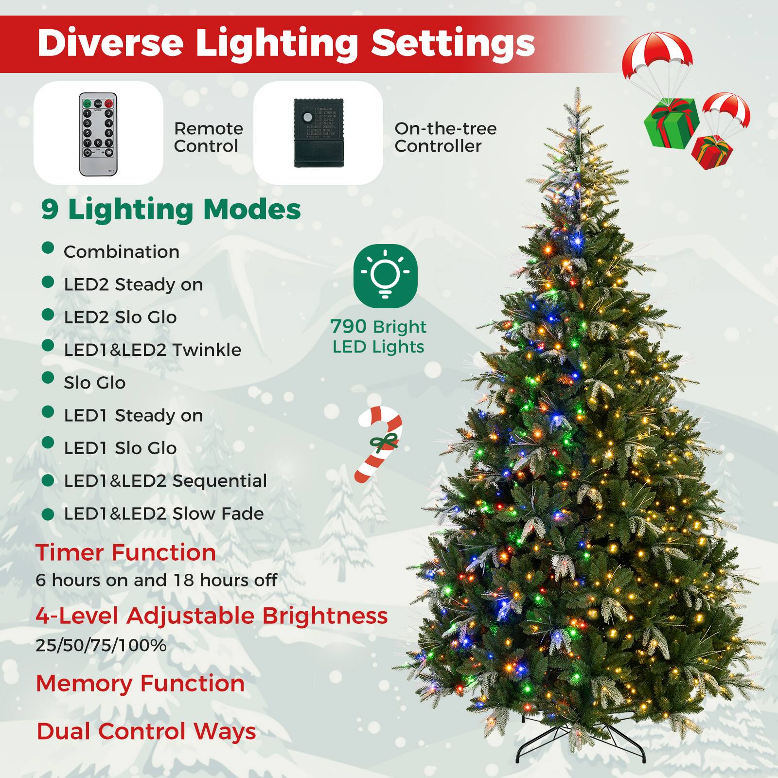 Diverse Lighting Settings

Remote Control
On-the-tree Controller

9 Lighting Modes
- Combination
- LED2 Steady on
- LED2 Slo Glo
- LED1 & LED2 Twinkle
- Slo Glo
- LED1 Steady on
- LED1 Slo Glo
- LED1 & LED2 Sequential
- LED1 & LED2 Slow Fade

790 Bright LED Lights

Timer Function
6 hours on and 18 hours off

4-Level Adjustable Brightness
25/50/75/100%

Memory Function

Dual Control Ways