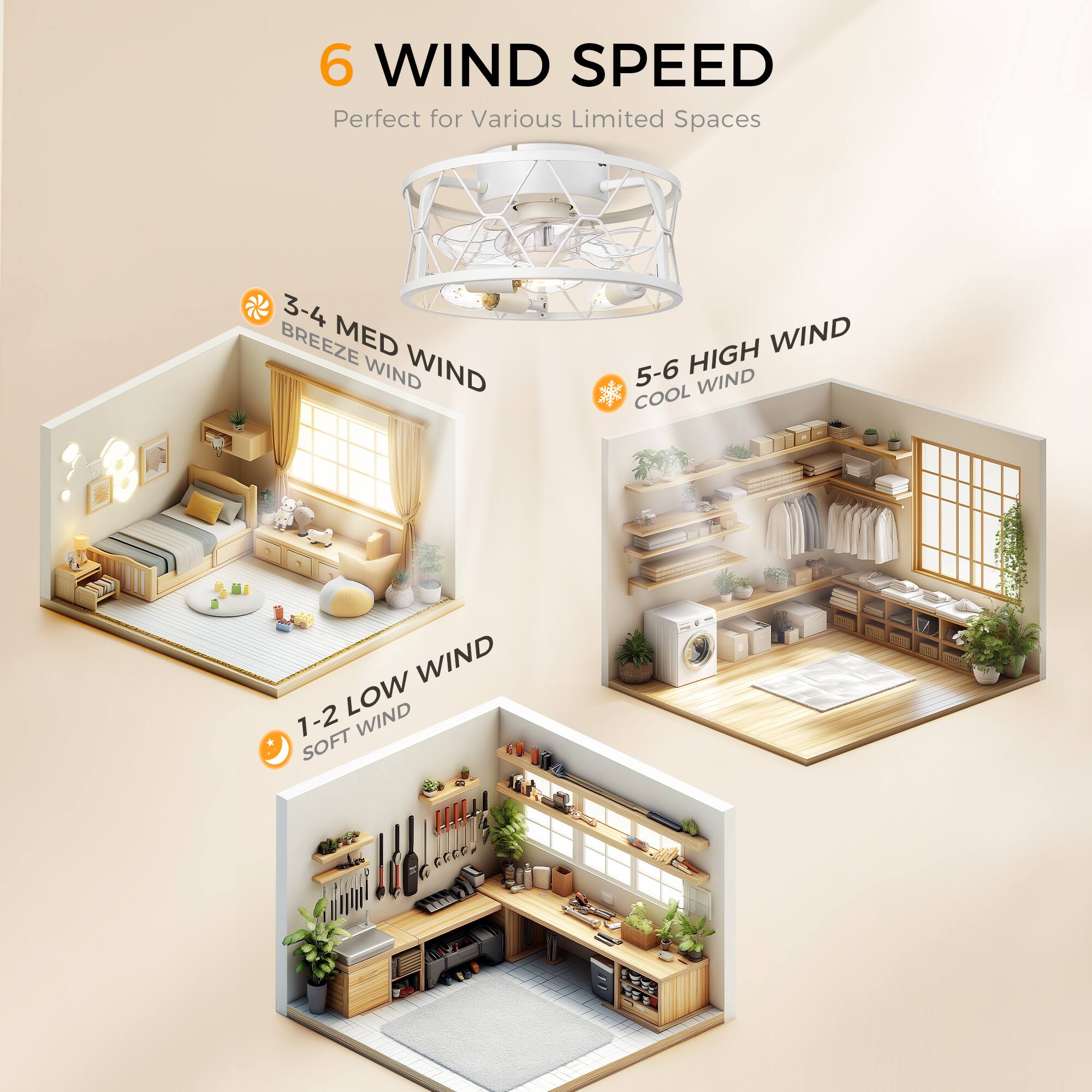 6 WIND SPEED  
Perfect for Various Limited Spaces  

1-2 LOW WIND  
SOFT WIND  

3-4 MED WIND  
BREEZE WIND  

5-6 HIGH WIND  
COOL WIND