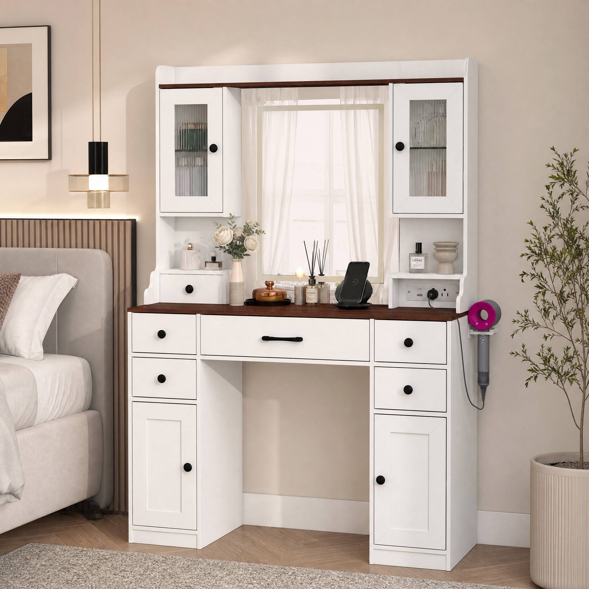 Angle. WELLFOR - 41.5 " LED Vanity Desk with Charging Station & Storage, White Makeup Table with 5 Drawers for Bedroom - White.