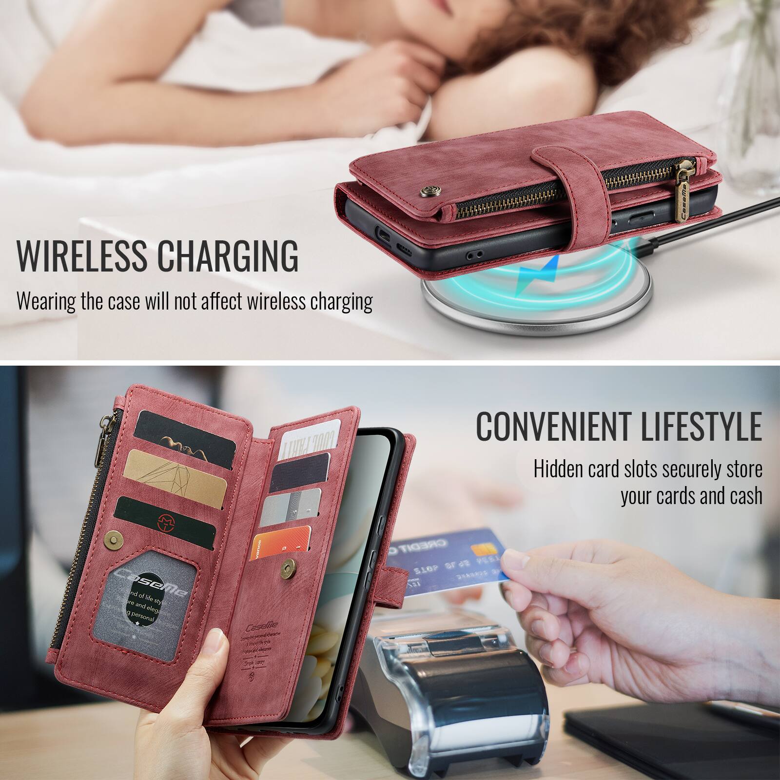 WIRELESS CHARGING  
Wearing the case will not affect wireless charging

CONVENIENT LIFESTYLE  
Hidden card slots securely store your cards and cash

Caseme  
and of Me 24 elege personal

Caselle

CREDIT SLOP 678