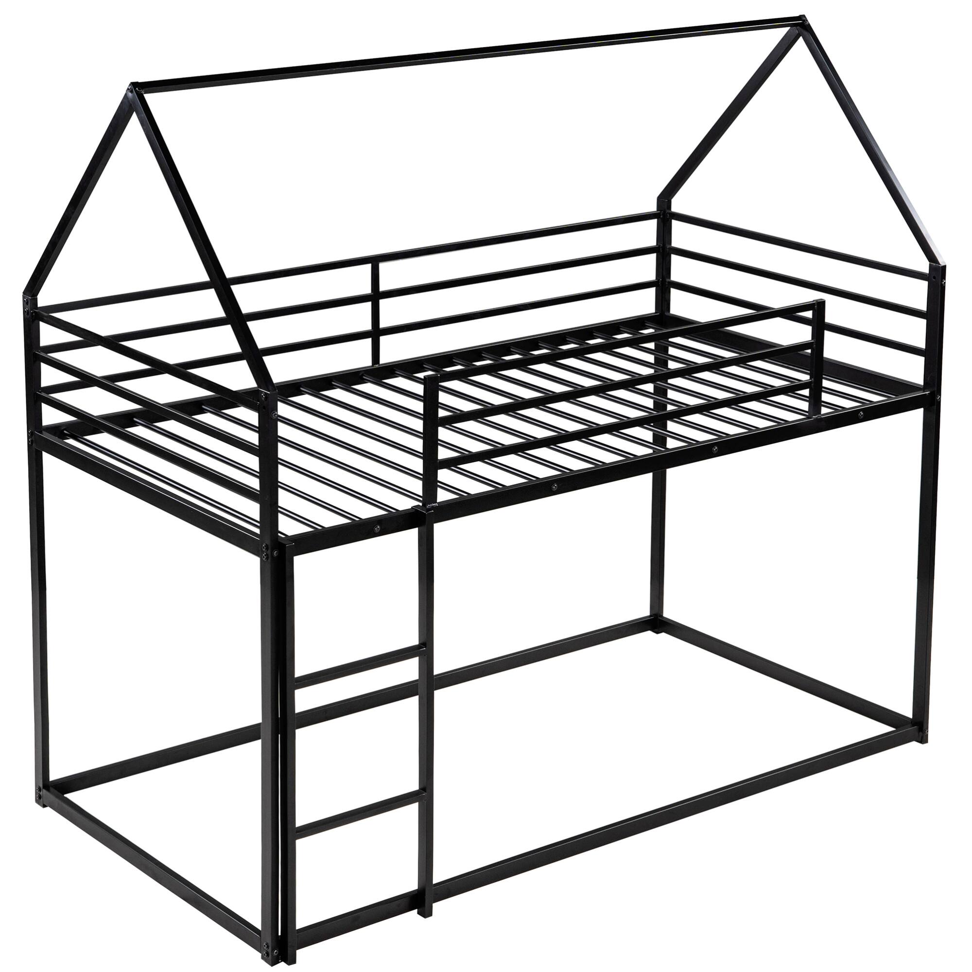 Back. GOODSILO - Space-Saving Twin Over Twin Metal Bunk Bed with Built-In Ladder and Playhouse Design - Black.