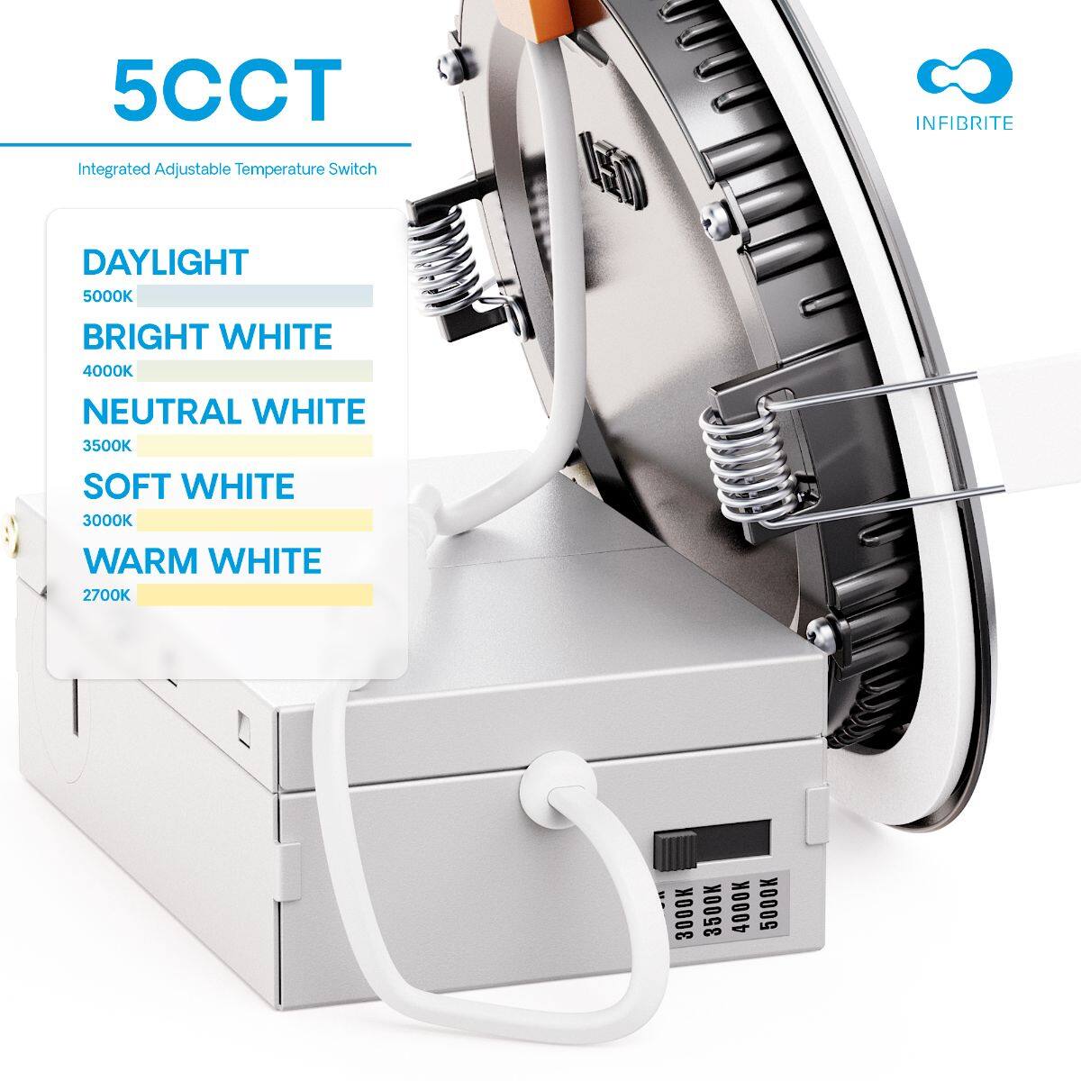 5CCT INFIBRITE Integrated Adjustable Temperature Switch

DAYLIGHT 5000K  
BRIGHT WHITE 4000K  
NEUTRAL WHITE 3500K  
SOFT WHITE 3000K  
WARM WHITE 2700K