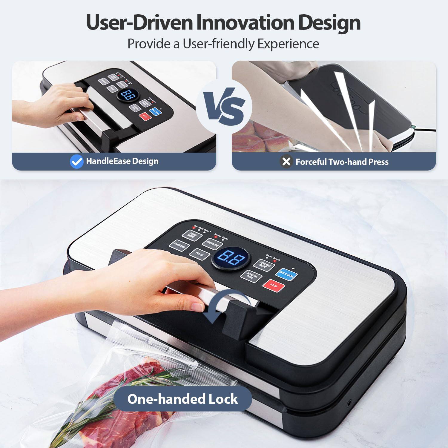 User-Driven Innovation Design  
Provide a User-friendly Experience  

HandleEase Design  
One-handed Lock  

VS  

Forceful Two-hand Press