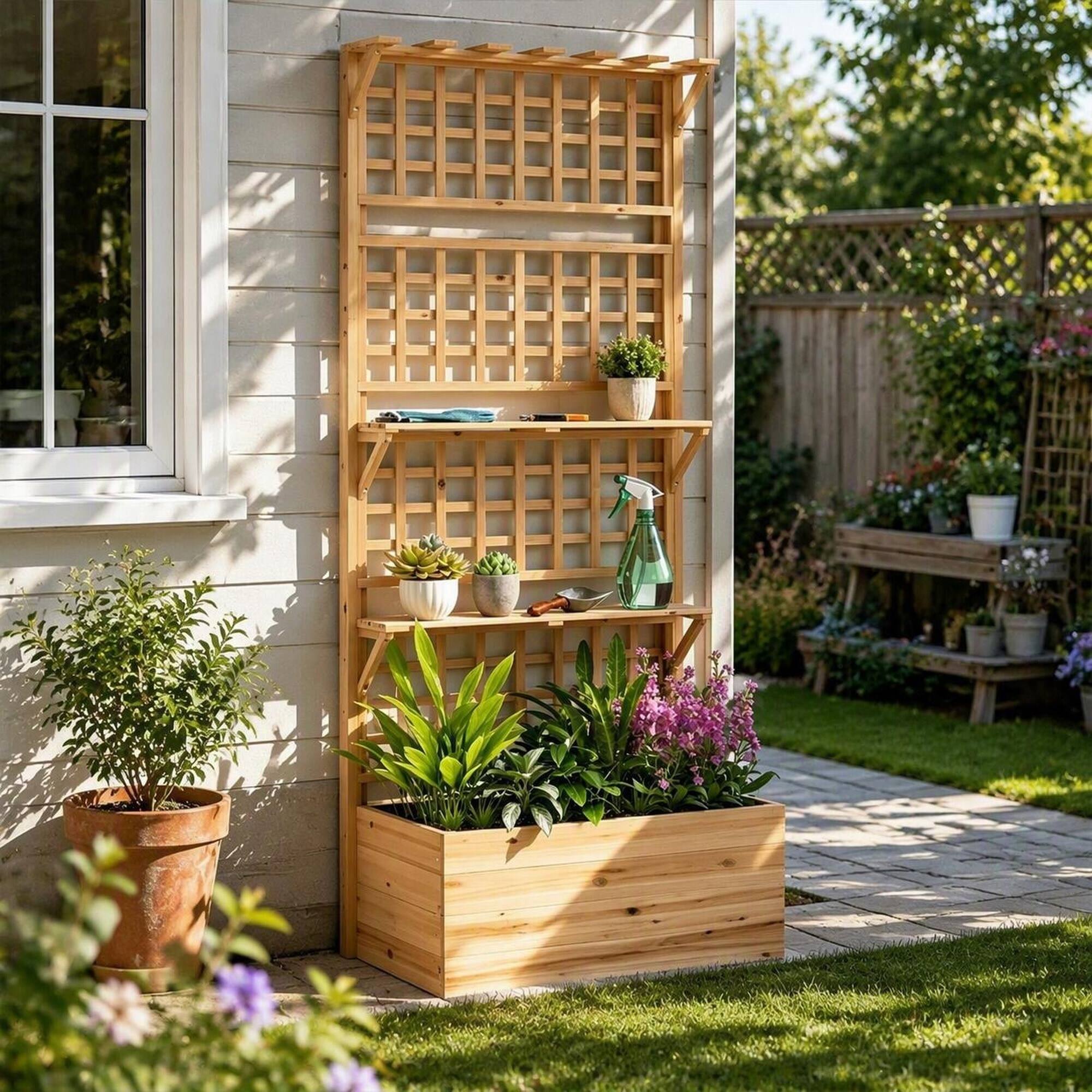 Alt View 2. RYHNUYNE - Wooden Raised Garden Bed with Trellis and Storage Shelves, Fir Wood Planter Box for Climbing Plants, Natural - Natural Wood.