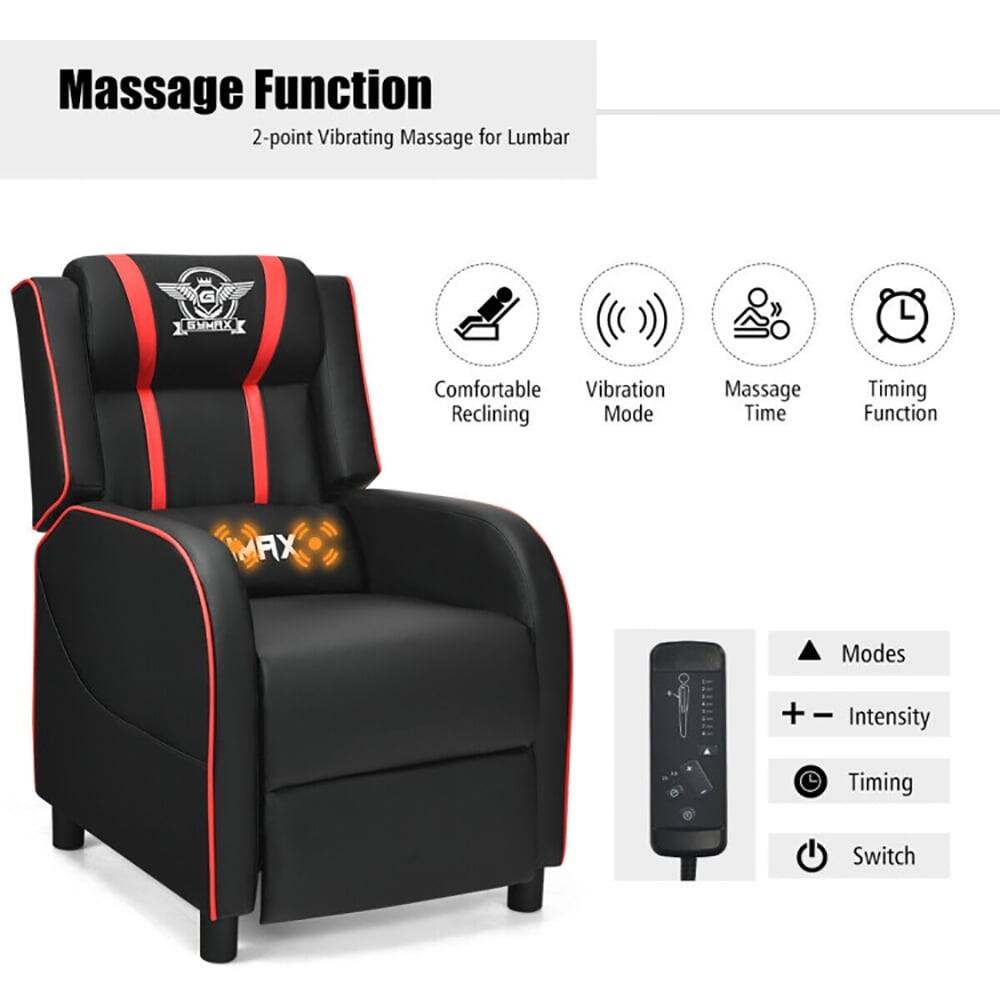 Massage Function  
2-point Vibrating Massage for Lumbar  
Comfortable Vibration  
Reclining Mode  
Massage Time  
Timing Function  

Modes  
Intensity  
Timing  
Switch