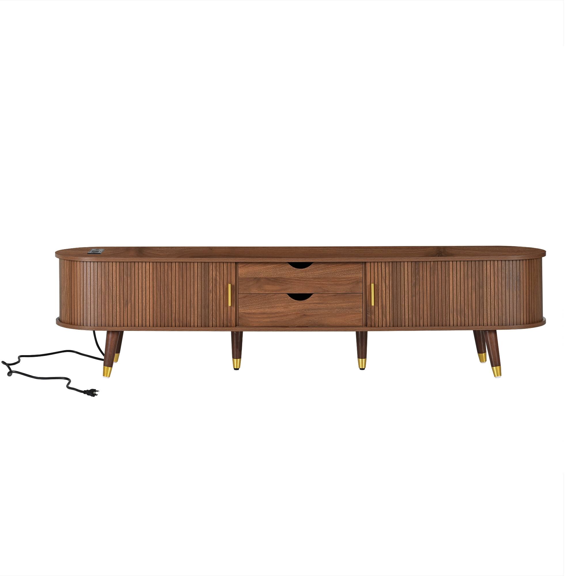 Angle. Spaco - Spaco Wooden Oval TV Stand for TV up to 80" with Charging Station,Fluted Media Console with Tambour Door for Living Room - Walnut.