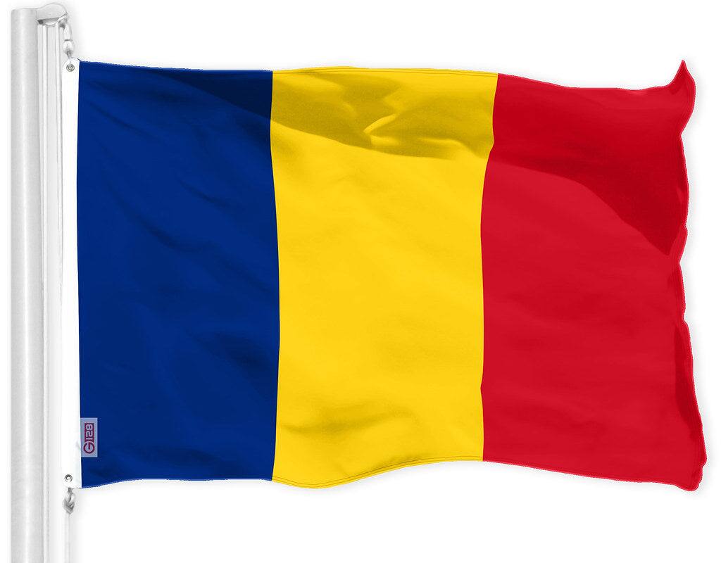 Front. G128 - Romania Flag 3 x 5 ft, 150D Polyester, Brass Grommets, Indoor/Outdoor. - Assorted Colors.
