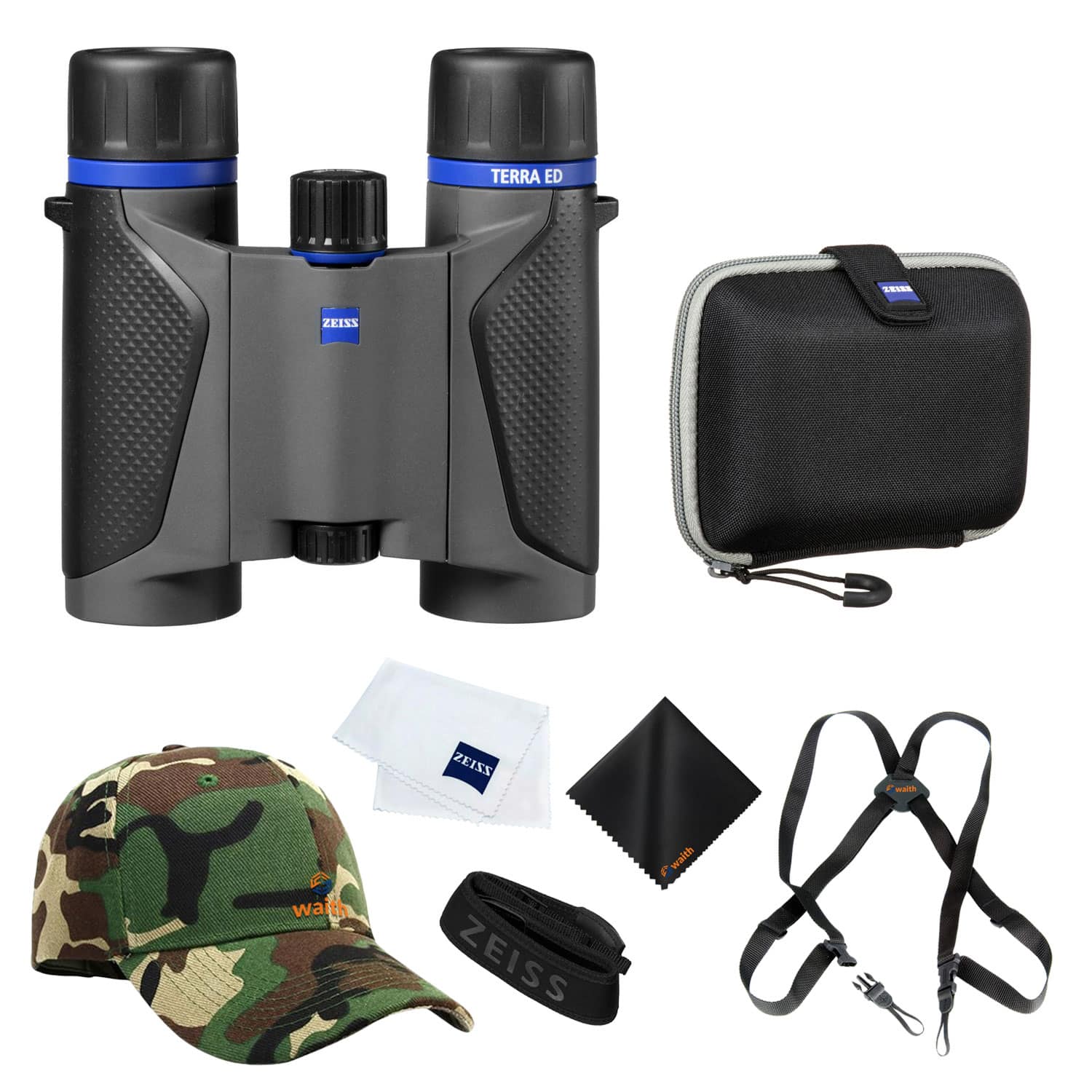 ZEISS - 10x25 Terra ED Pocket Binoculars (Grey) +Harness +Camo Hat (Bundle Set) - Gray