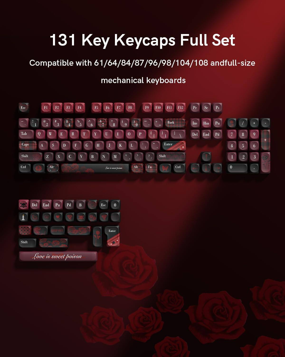 131 Key Keycaps Full Set  
Compatible with 61/64/84/87/96/98/104/108 and full-size mechanical keyboards  

Esc F1 F2 F3 F4 F5 F6 F7 F8 F9 F10 F11 F12 Pr Sc Ps  
Back Ins Hm Pu / . Del End Pd  
Tab Q W E R T Y U I O P  
Caps A S D F G H J K L  
Shift Z X C V B N M , .  
Ctrl Alt Love is sweet poison Alt  
Shift 1 2 3 4 5 6 7 8 9 0 - +  
Fn Ctrl  
Love is sweet poison