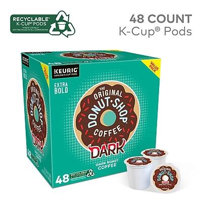RECYCLABLE K-CUP PODS NOT RECHARGEABLE  
48 COUNT  
K-Cup® Pods  
KEURIG GENUINE KCUP PODS  
EXTRA BOLD  
THE ORIGINAL DONUT SHOP COFFEE  
DARK  
DARK ROAST COFFEE  
RECYCLABLE  
2 FOR 48 VALUE  
ORIGINAL