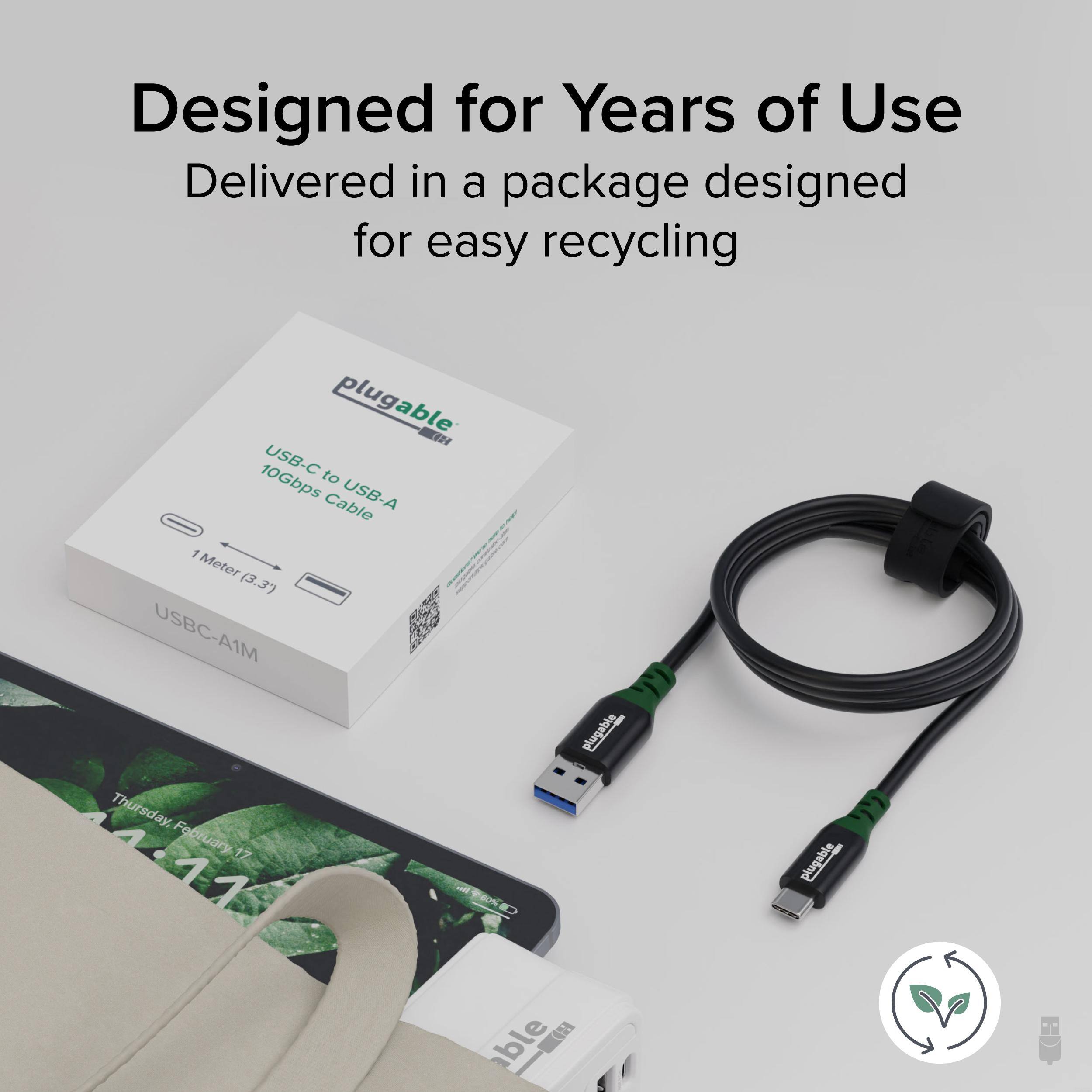 Designed for Years of Use  
Delivered in a package designed for easy recycling  

plugable USB-C to 10Gbps USB-A Cable 1 Meter (3.3') USBC-A1M  

Thursday, 14-11 February 17 17  

plugable