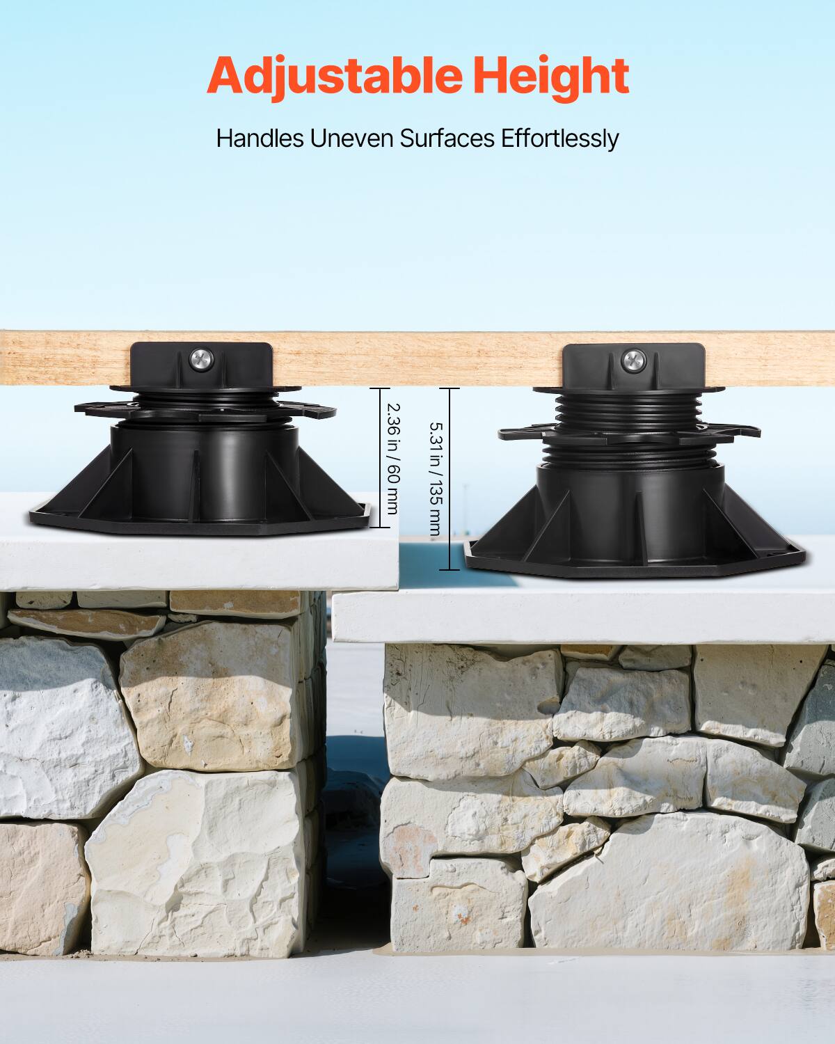 Adjustable Height
Handles Uneven Surfaces Effortlessly
2.36 in / 60 mm
5.31 in / 135 mm