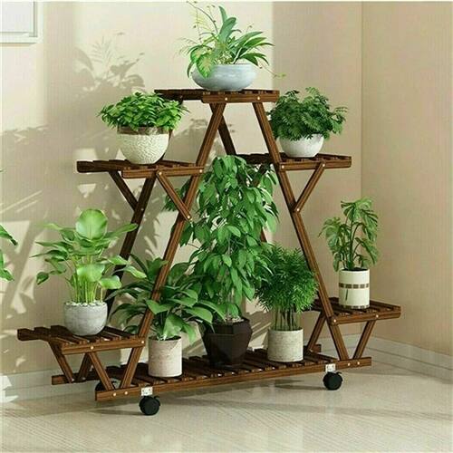 Alt View 1. SlickBlue - Indoor Outdoor Multi-Tier Triangular Solid Wood Plant Stand with Wheels - Dark Brown.