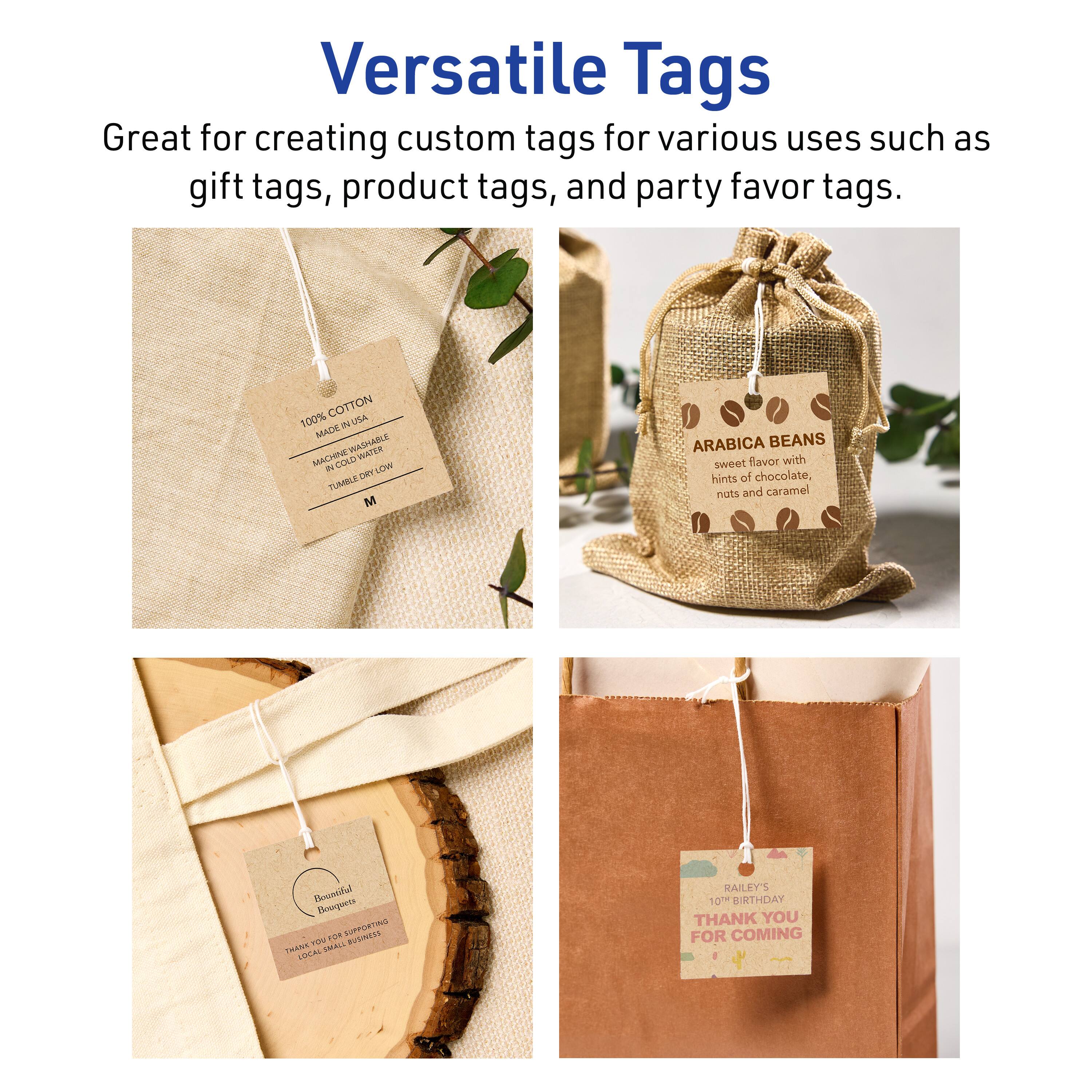 Versatile Tags  
Great for creating custom tags for various uses such as gift tags, product tags, and party favor tags.

COTTON 100%  
MADE IN USA  
MACHINE WASHABLE  
TUMBLE DRY LOW  
M

ARABICA BEANS  
sweet flavor with hints of chocolate, nuts and caramel

RAILEY'S  
10TH BIRTHDAY  
THANK YOU FOR COMING