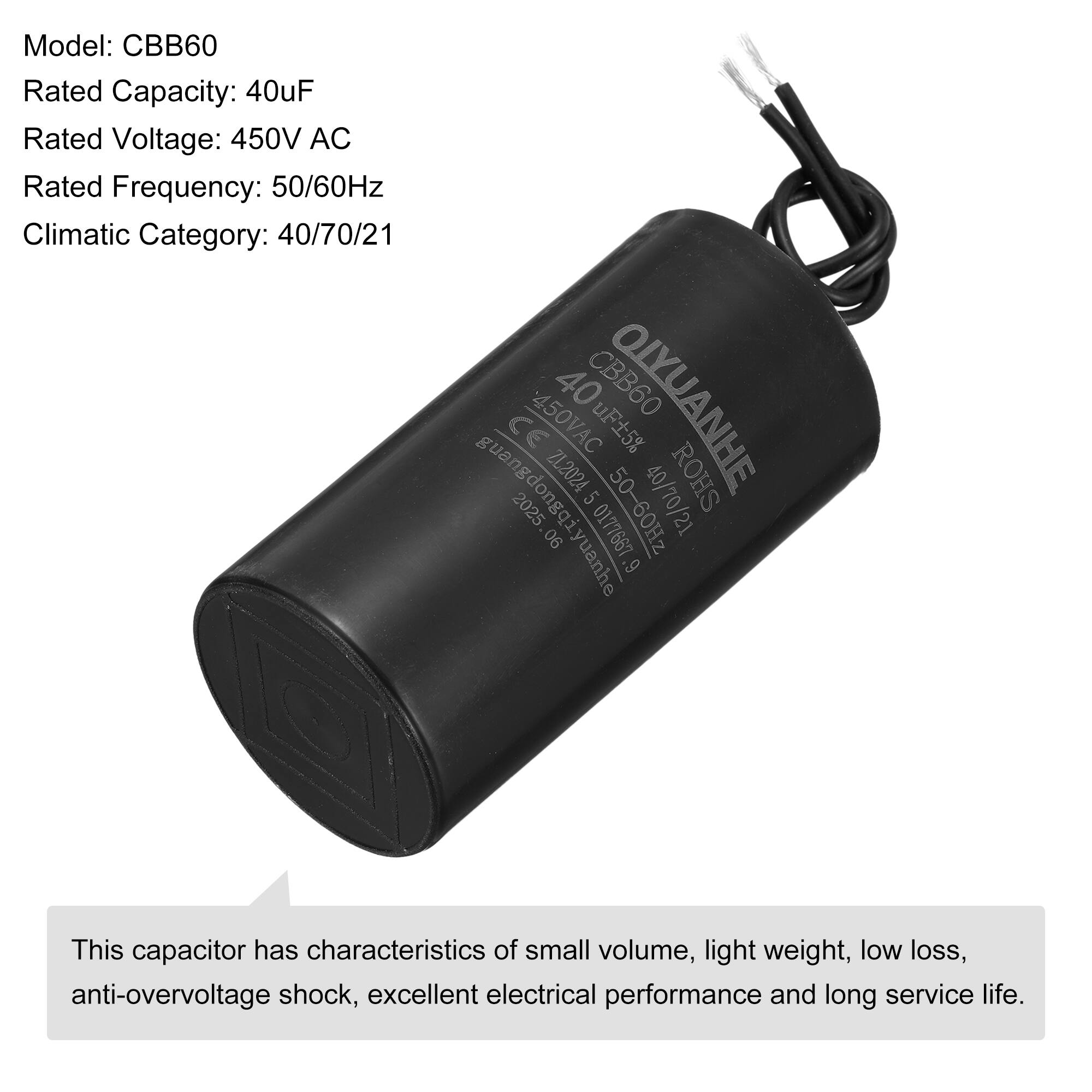 Model: CBB60  
Rated Capacity: 40uF  
Rated Voltage: 450V AC  
Rated Frequency: 50/60Hz  
Climatic Category: 40/70/21  

450VAC 40 CBB60 OLYUANHE CE uF5% ZL2024 ROHS 5 40/70/21 guangdongqiyuanhe 2025 50-60Hz 06 iyuanhe 0177667 9  

This capacitor has characteristics of small volume, light weight, low loss, anti-overvoltage shock, excellent electrical performance and long service life.