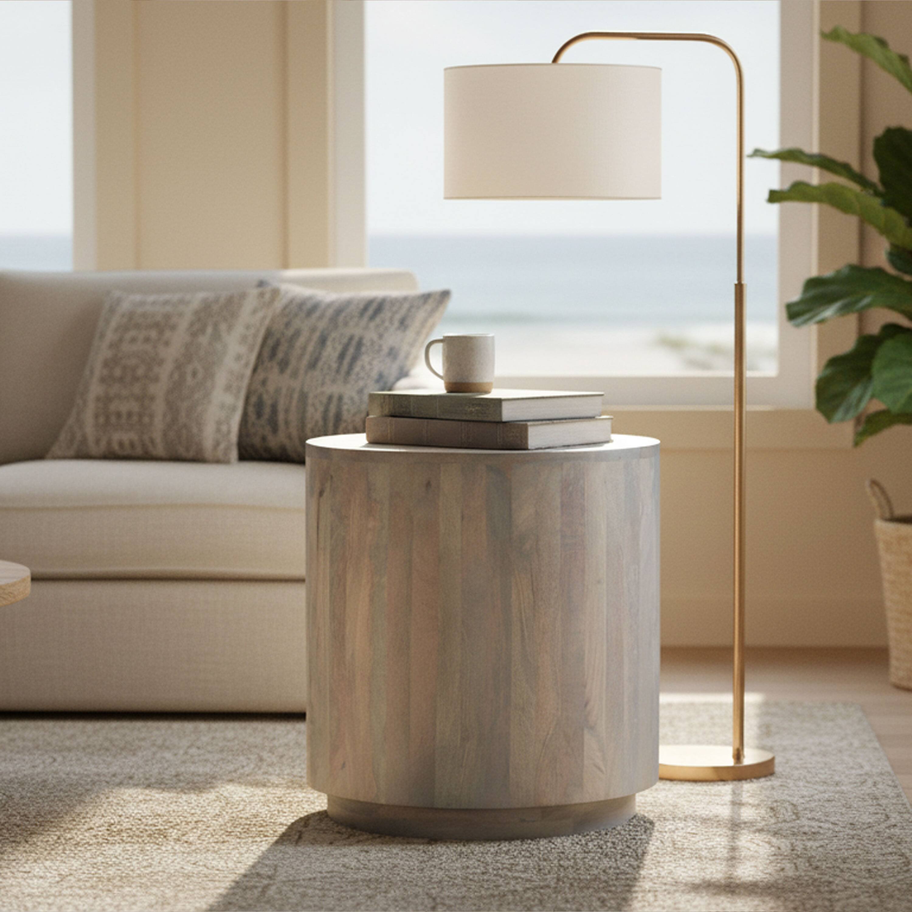 Alt View 7. Manhattan Lane - Febe Side End Accent Table, 20 Inch Round Top, Cylindrical Plinth Base, Oak White Mango Wood - Oak White.