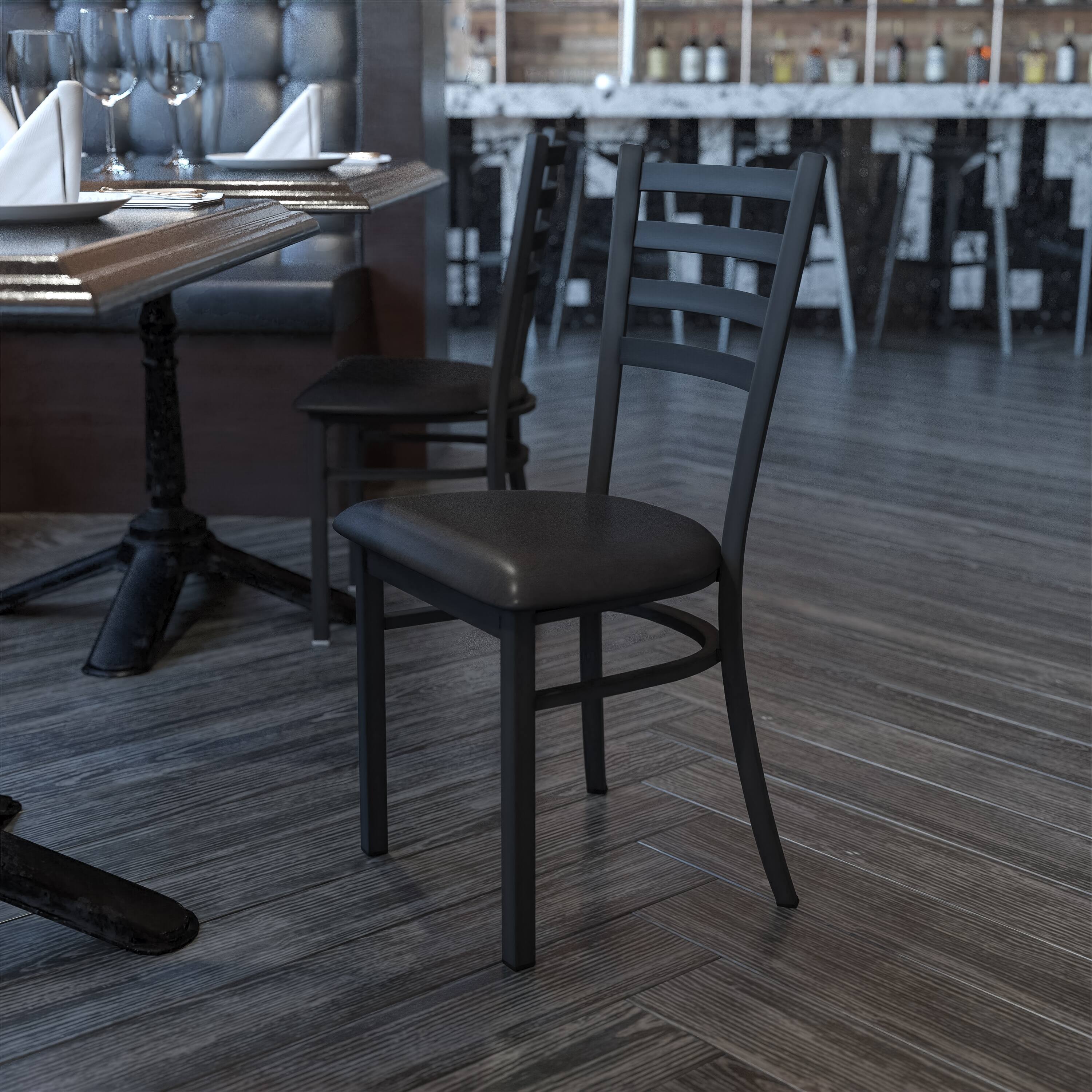 Alt View 1. Emma + Oliver - Ladder Back Metal Restaurant Dining Chair - Black Vinyl Seat/Black Metal Frame.