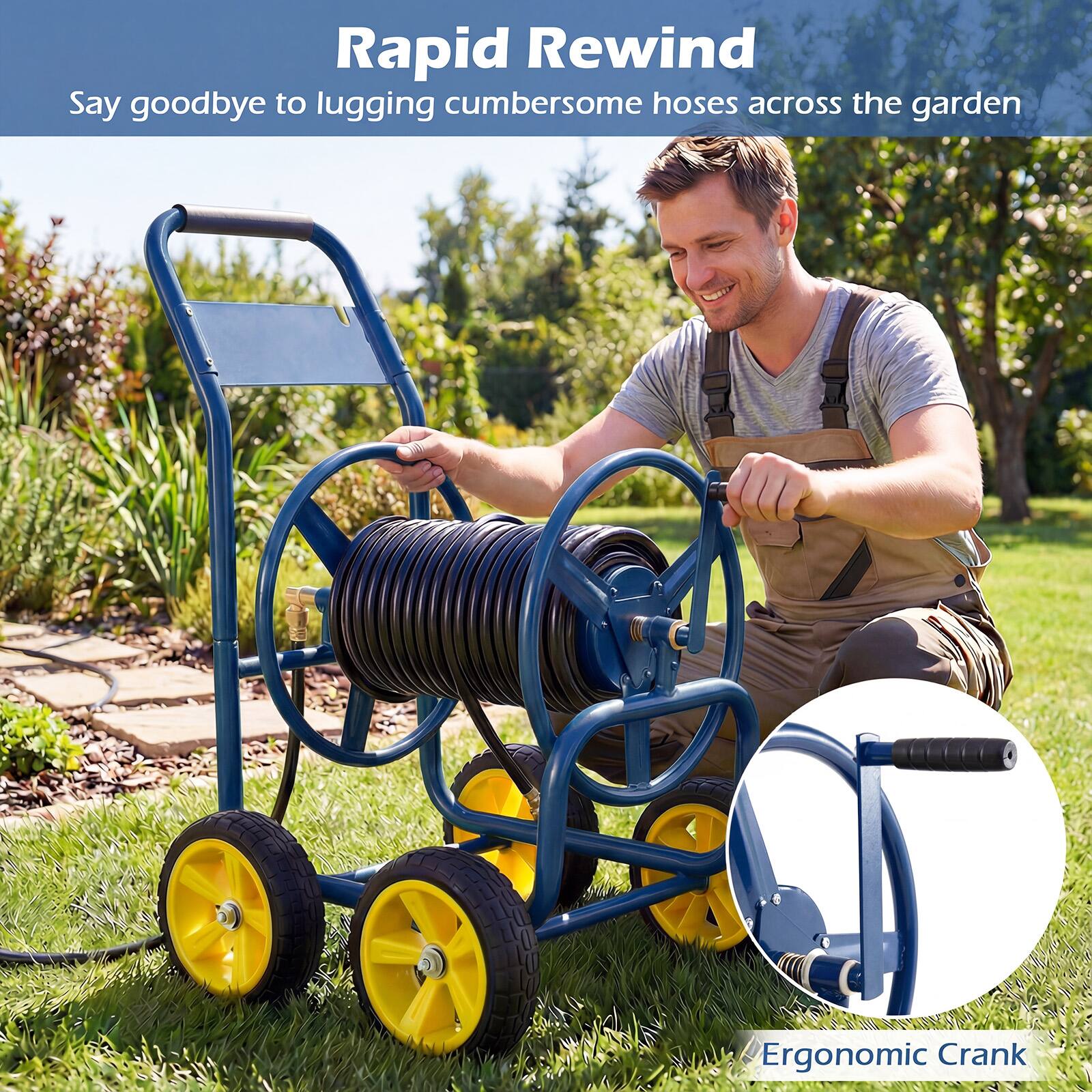 Rapid Rewind  
Say goodbye to lugging cumbersome hoses across the garden  

Ergonomic Crank