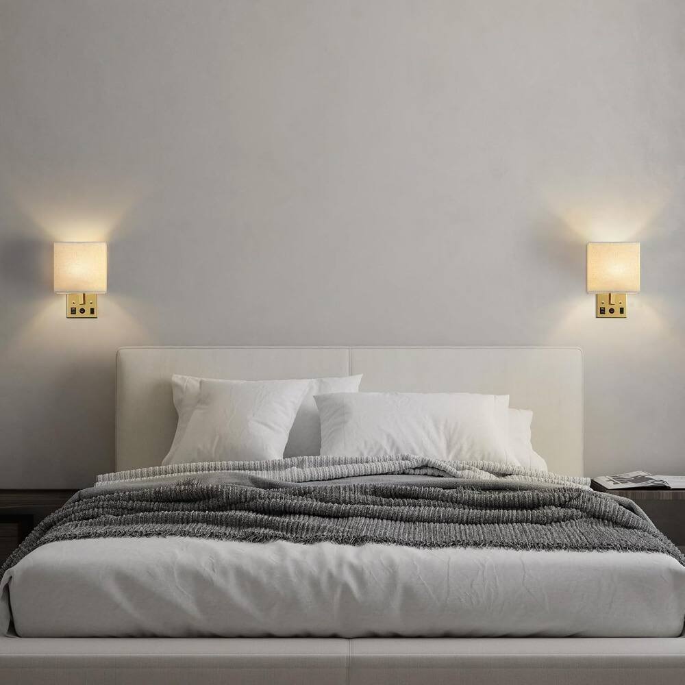Alt View 2. Oumilen - 2 Pack Plug-in Wall Sconce – Gold Plated Lamp with Beige Linen Shade & USB Ports.