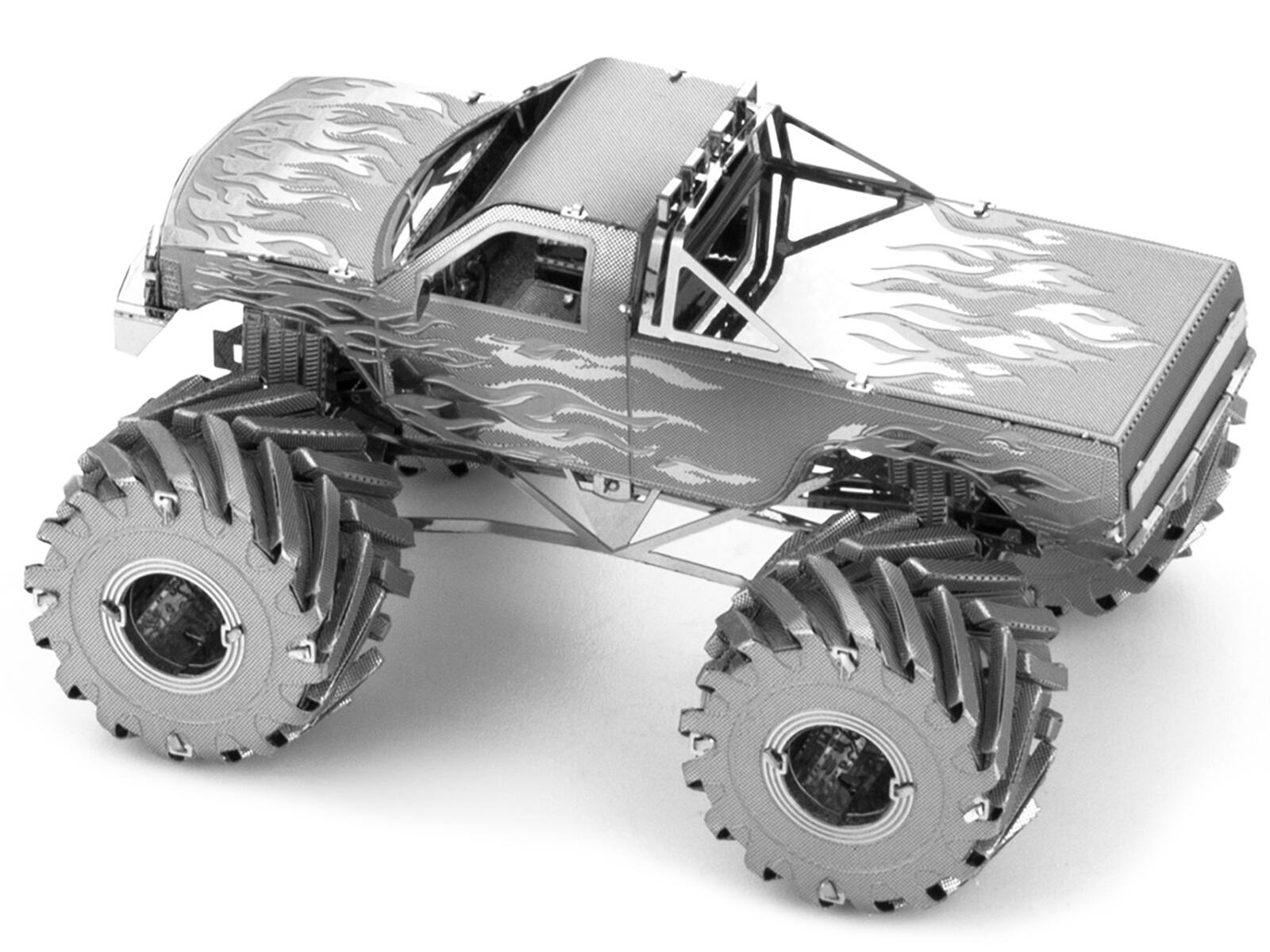 Angle. Metal Earth - Model Kit Monster Truck with Flame Graphics (Moderate Difficulty) Steel Model by Metal Earth - Silver.
