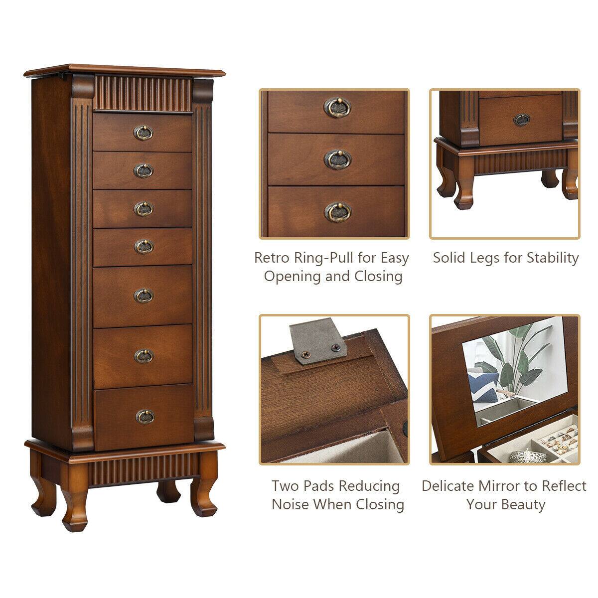 The image features a wooden dresser with a retro ring-pull for easy opening and closing. The dresser has solid legs for stability, and it comes with two pads to reduce noise when closing. Additionally, there is a delicate mirror to reflect your beauty.