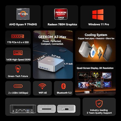GEEKOM A7 MAX AI Mini PC, AMD Ryzen 9 7940HS(Flagship) 16GB DDR5 GEEKOM A7 MAX AI Mini PC, AMD Ryzen 9 7940HS(Flagship) 16GB DDR5