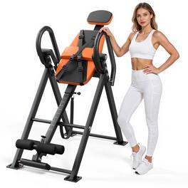 VEVOR - Inversion Table, 300 lbs Capacity Heavy Duty Back Inverter Stretcher, Inverted Table with Dual-Roller Locking - Black & Orange