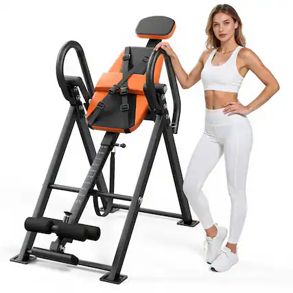 Front. VEVOR - Inversion Table, 300 lbs Capacity Heavy Duty Back Inverter Stretcher, Inverted Table with Dual-Roller Locking - Black & Orange.
