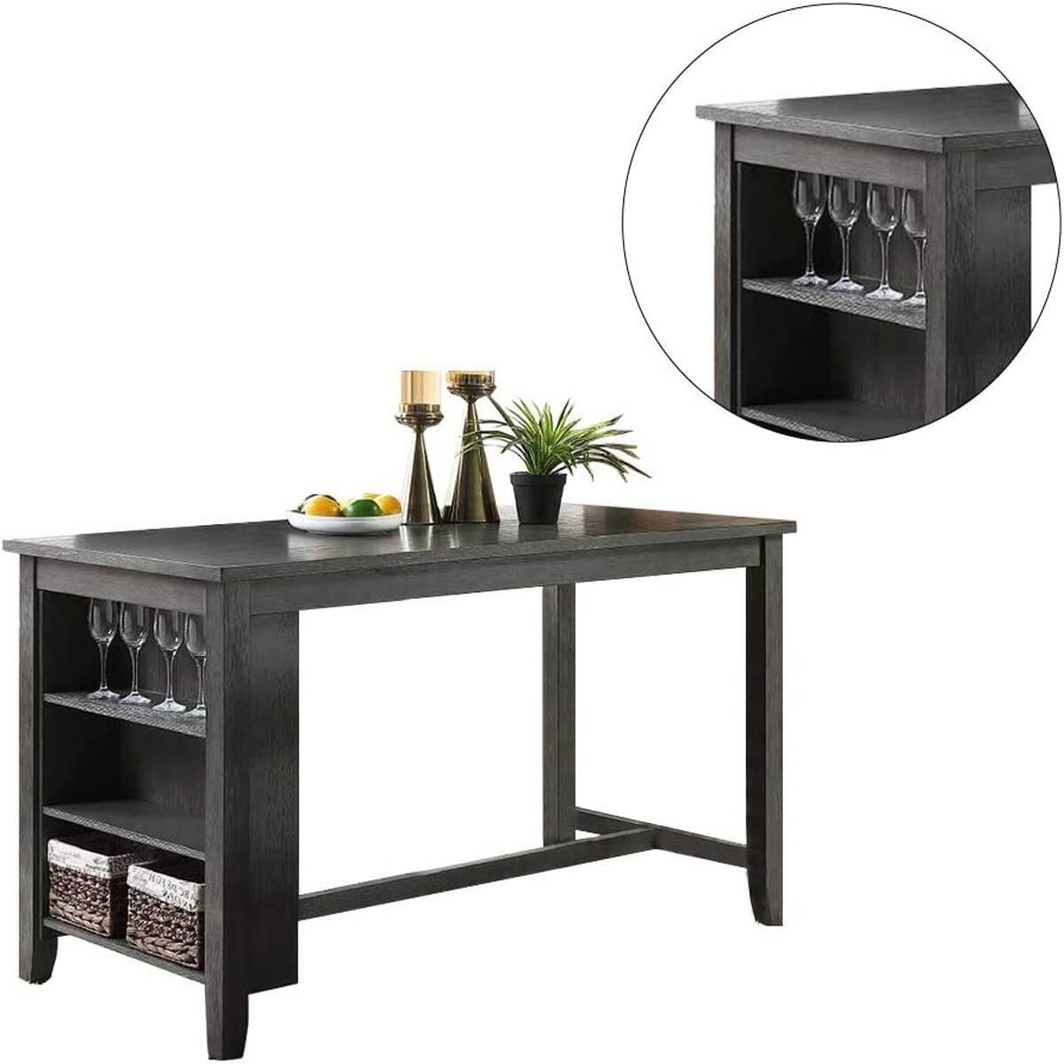 Left. Loheer - Loheer Counter Height Dining Table, Gray Wash Solid Wood, 60 Inch Kitchen Breakfast Table - Gray Wash.