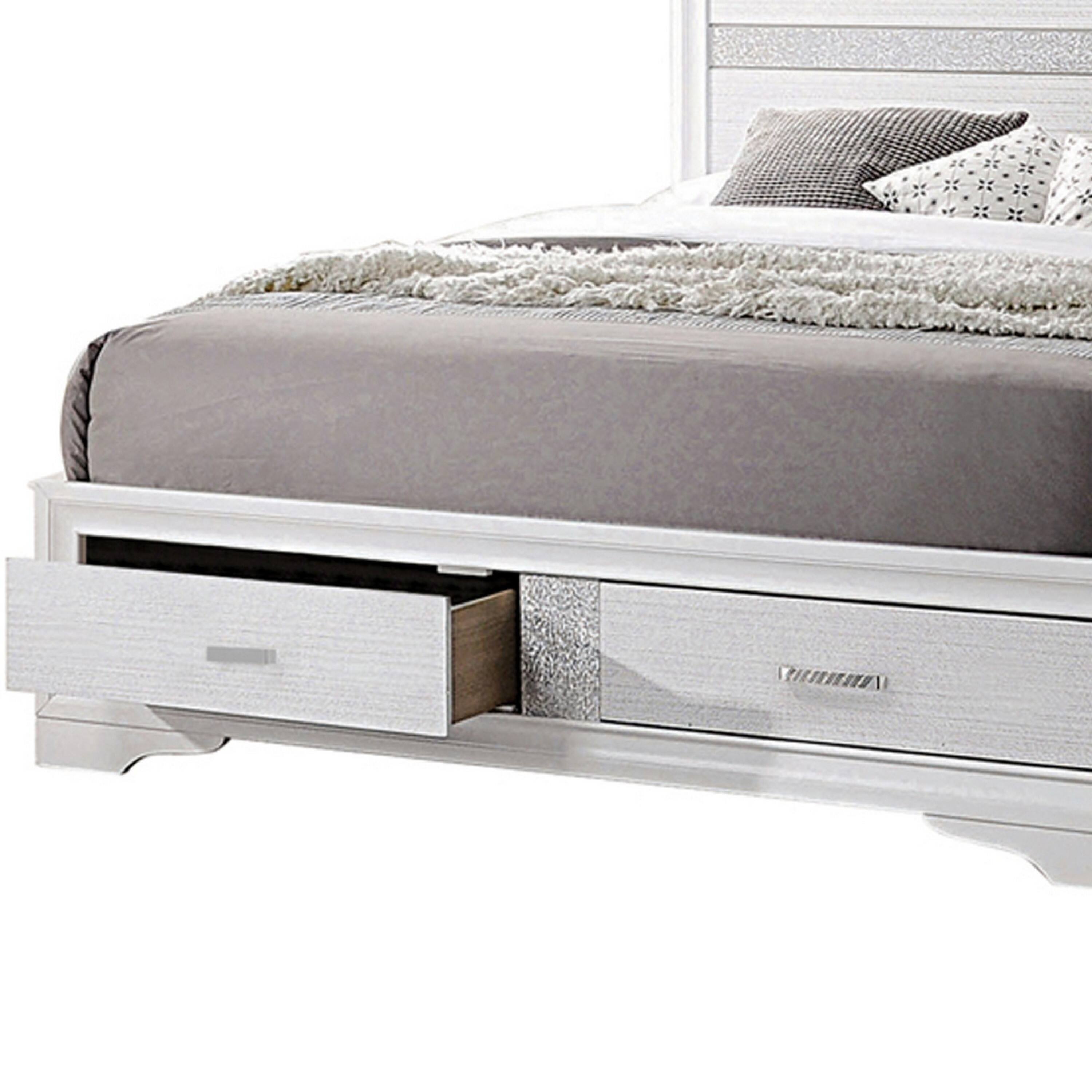 Alt View 3. Manhattan Lane - Contemporary Queen Bed with Drawers and Glittering Stripes - White.