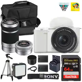 Bundle - Sony - ZV-E10 Camera with 16-50mm & 55-210mm Lenses, LED Light, Battery, 64GB Card & Case - White