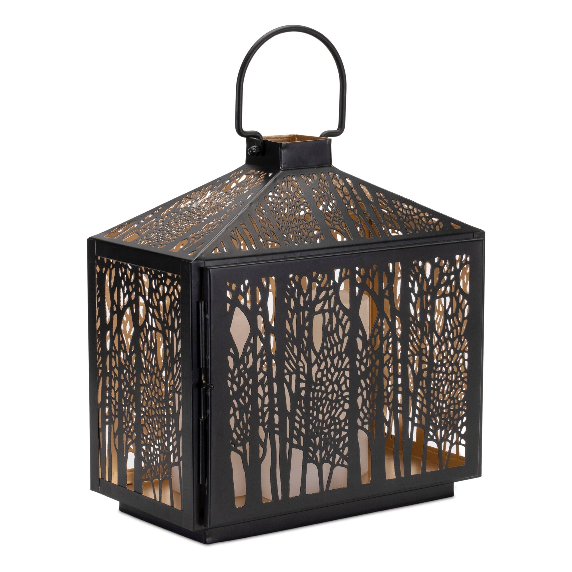 Left. BreeBe - Forest Cut Metal Lantern with Gold Accent 12"H - Black, Gold.