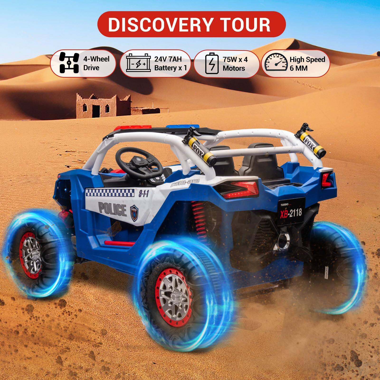 DISCOVERY TOUR

- 4-Wheel Drive
- 24V 7AH Battery x 1
- 75W x 4 Motors
- High Speed 6 MM

POLICE 9-11

XB-2118