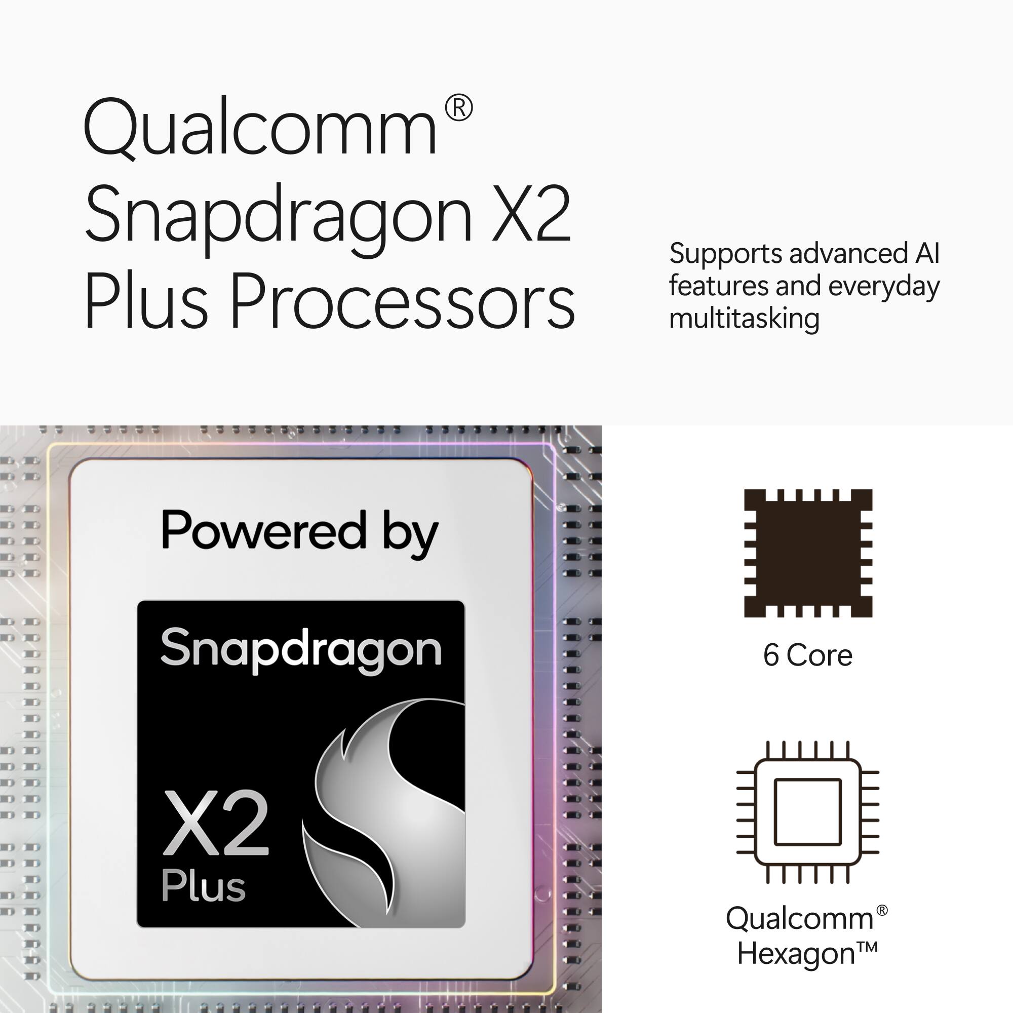 Qualcomm Snapdragon X2 Plus Processors

Supports advanced AI features and everyday multitasking

Powered by Snapdragon X2 Plus

6 Core

Qualcomm Hexagon
