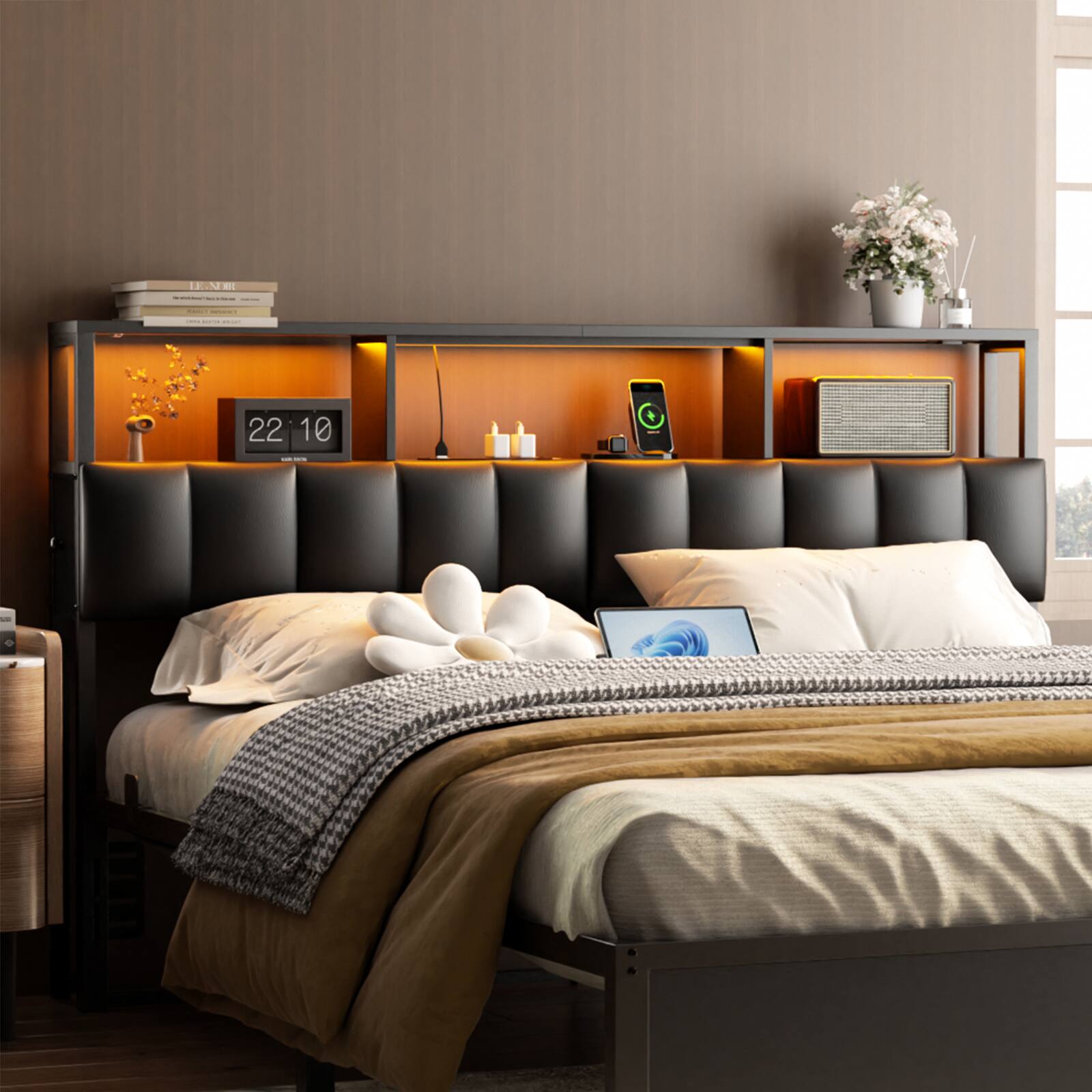 Back. Aheaplus - King Upholstered Headboard with Charging Station, LED Light, and 2 Drawers, Storage Headboard for Bedroom - Black.
