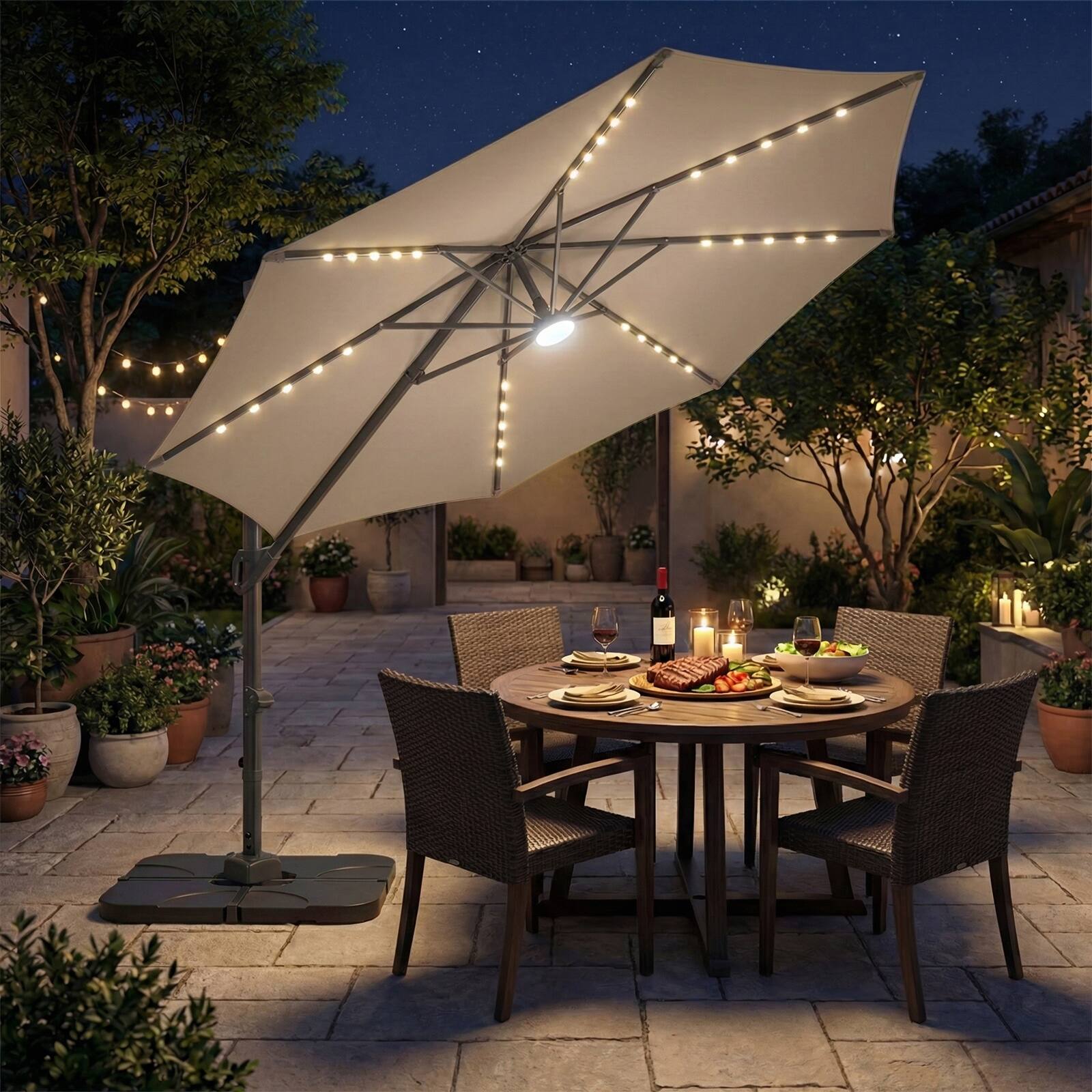 Alt View 3. Costway - Costway 10 FT Cantilever Patio Umbrella with 35 Solar LED Lights 220 LBS Base 360° Rotation - Tan + Black.