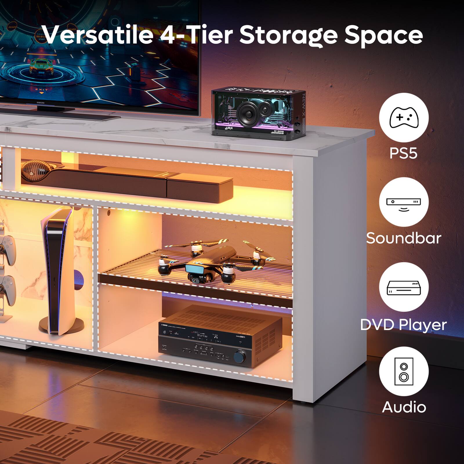 Versatile 4-Tier Storage Space

- PS5
- Soundbar
- DVD Player
- Audio
