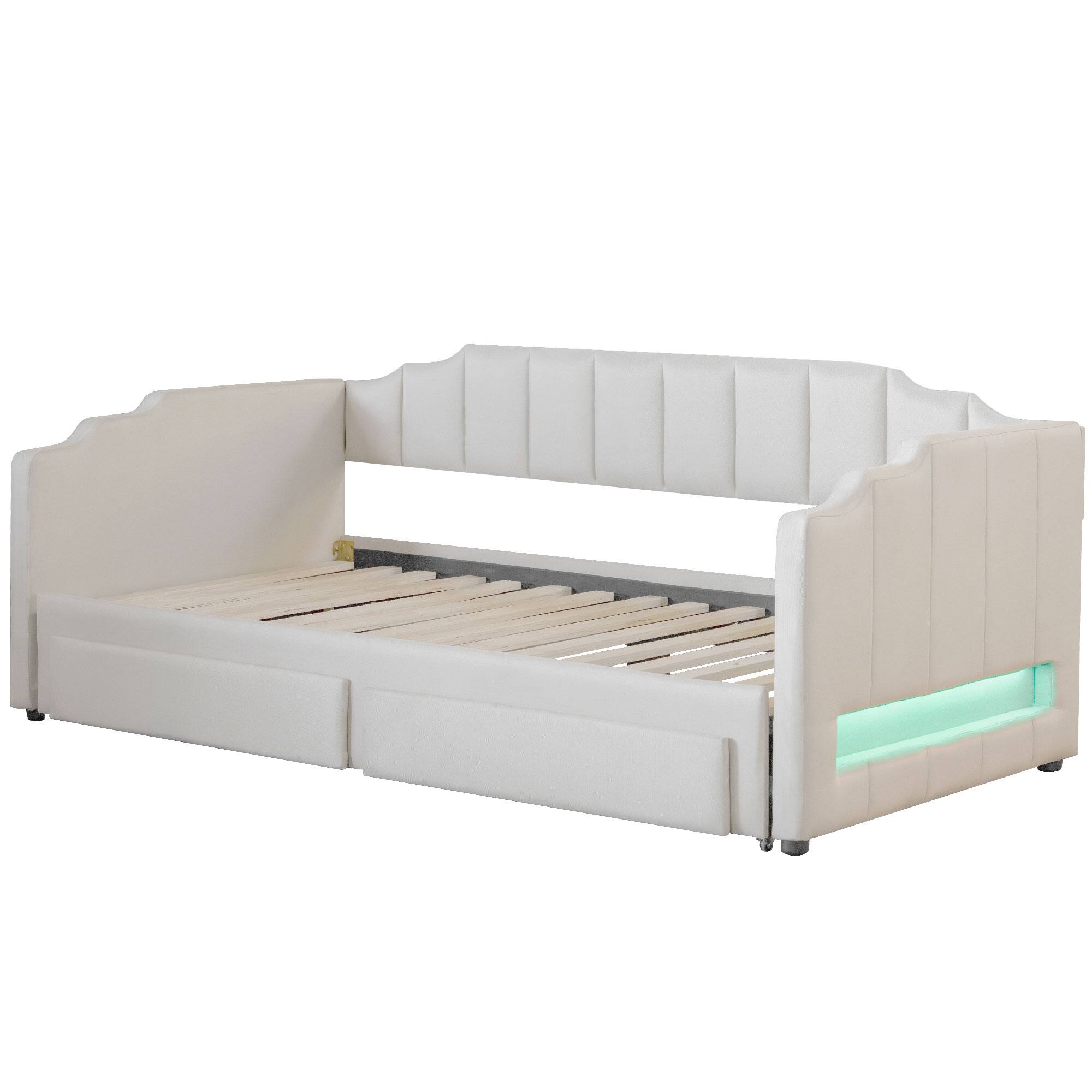 Left. Whisen - Extendable Daybed, Twin XL to King Size Bed with Storage Drawers & LED Lights for Guest Bedroom - Beige.