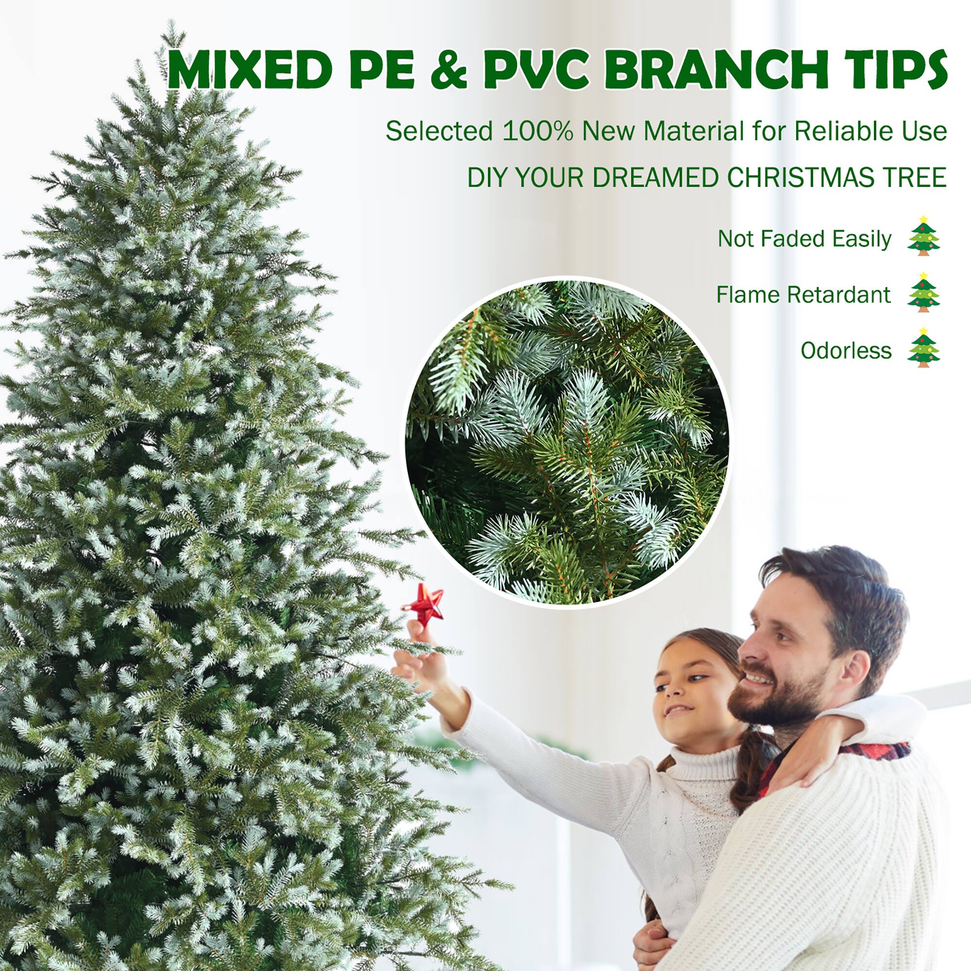 Mixed PE & PVC Branch Tips: Selected 100% New Material for Reliable Use. DIY Your Dreamed Christmas Tree. Not Faded Easily. Flame Retardant. Odorless.