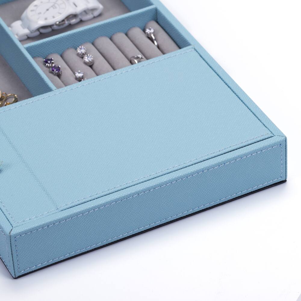 Alt View 1. Oumilen - Light Blue Faux Leather Jewelry Box with Fold-Out Mirror, Multi-Compartment Organizer Tray for Rings Earrings Necklace - Blue.