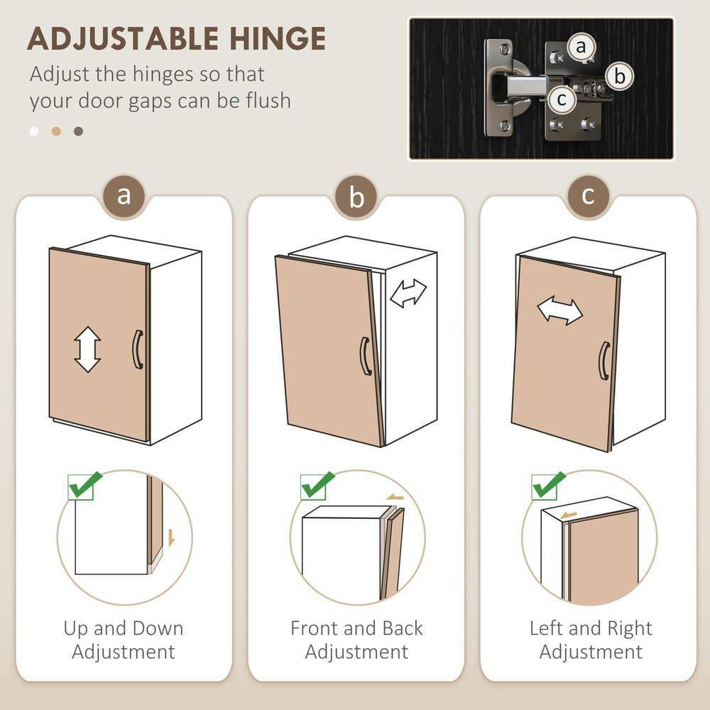 ADJUSTABLE HINGE

Adjust the hinges so that your door gaps can be flush

a. Up and Down Adjustment
b. Front and Back Adjustment
c. Left and Right Adjustment