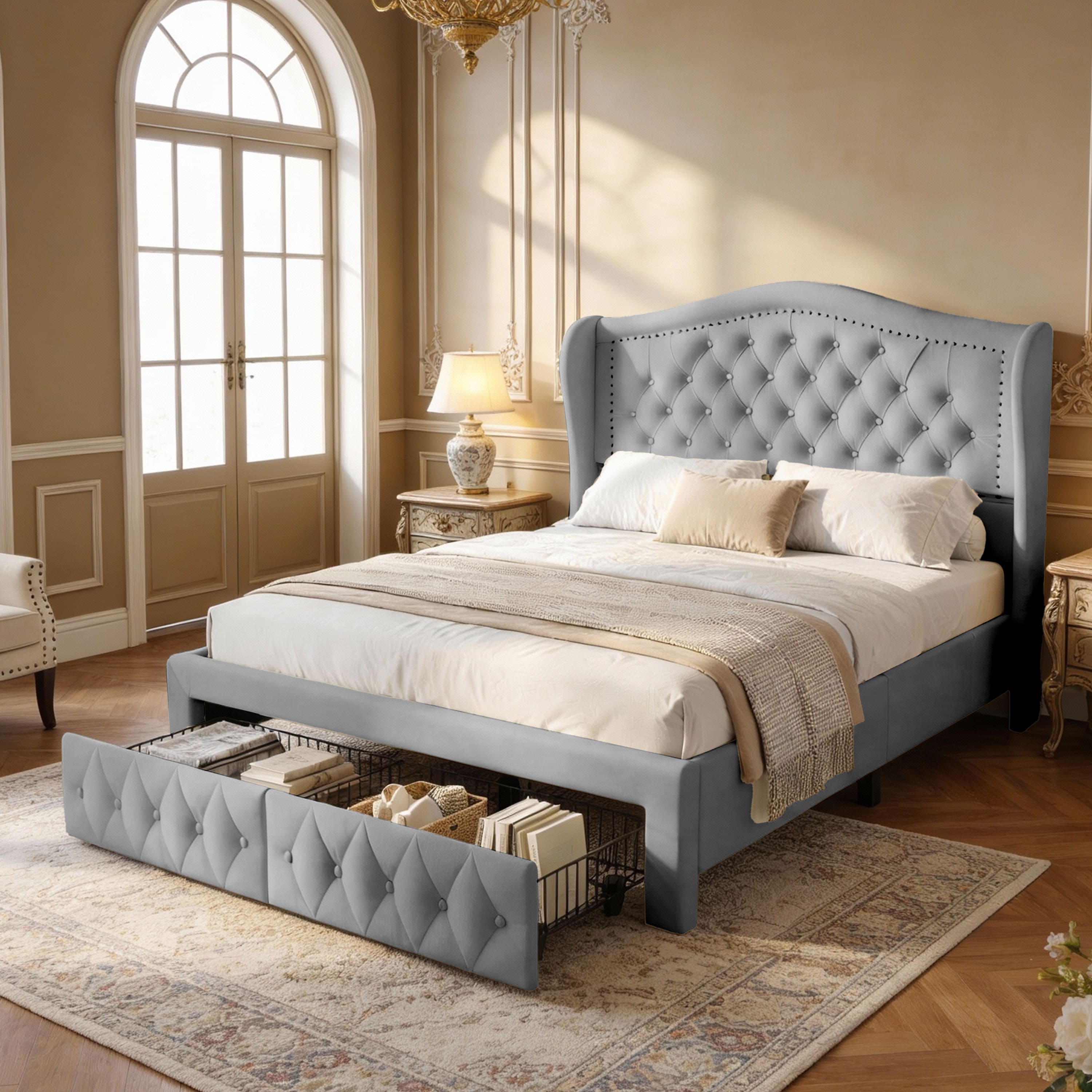 Dyonery - modern light luxury velvet bed, diamond-shaped riveted headboard, large-capacity drawers - Gray