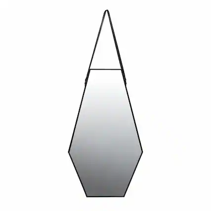 Front. RYHNUYNE - Hexagonal Wall Mirror, 18 x 31.5 in, Black and Brown Frame, Leather Hanging Strap, Glass Accent Mirror - Black.