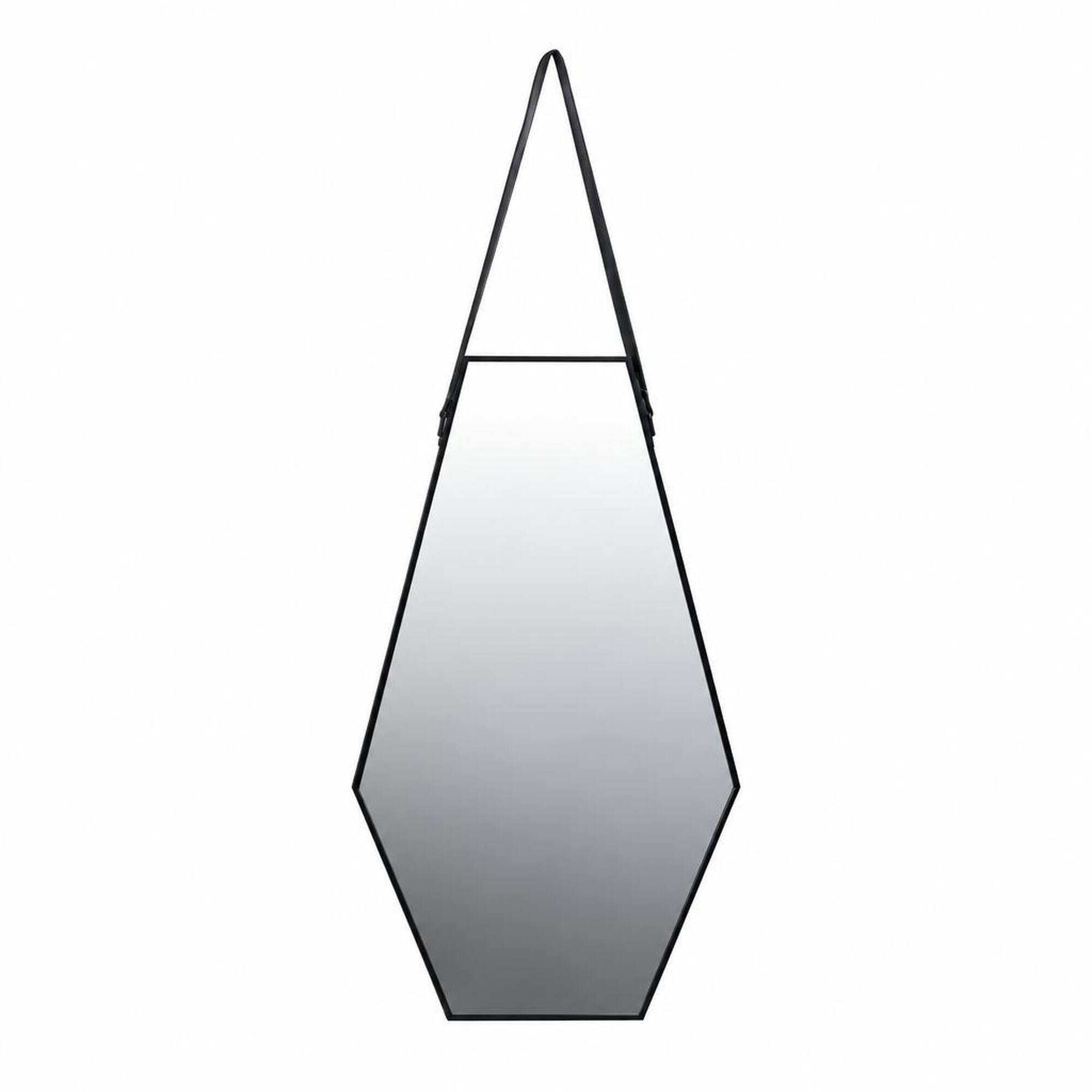 Front. RYHNUYNE - Hexagonal Wall Mirror, 18 x 31.5 in, Black and Brown Frame, Leather Hanging Strap, Glass Accent Mirror - Black.