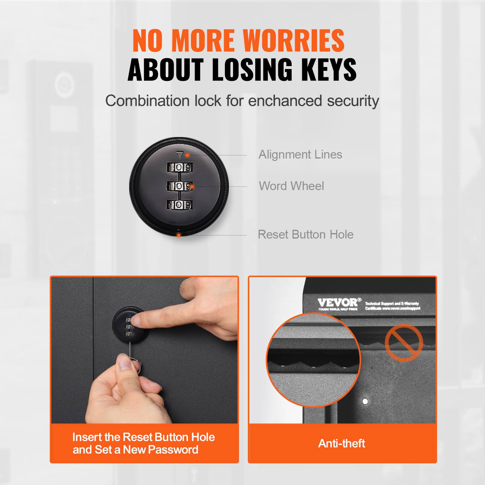 NO MORE WORRIES ABOUT LOSING KEYS

Combination lock for enhanced security

- Alignment Lines
- Word Wheel
- Reset Button Hole

Insert the Reset Button Hole and Set a New Password

Anti-theft