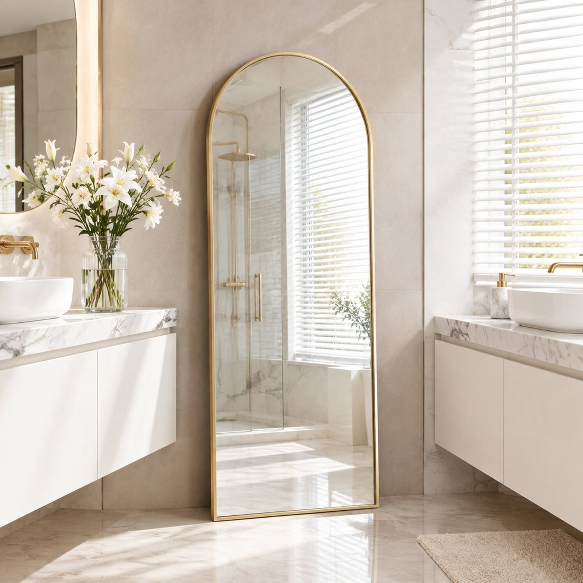 Back. RYHNUYNE - 28 x 74 in Gold Arch Full Length Body Mirror, Rounded Top, Iron Frame, Wall Mount or Leaning - Gold.